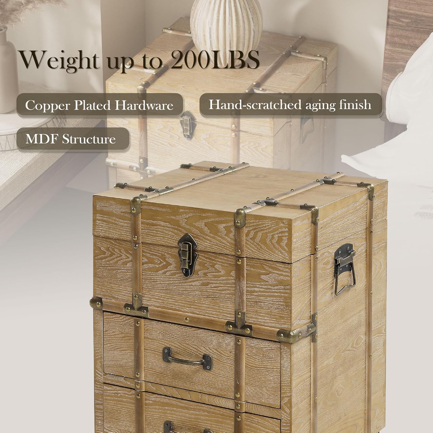 Aoikax Vintage Storage Chest with Buckle Hinged Top, Wood Accent End Side Table for Living Room, Office, Bedroom, Rectangle, Retro Brown