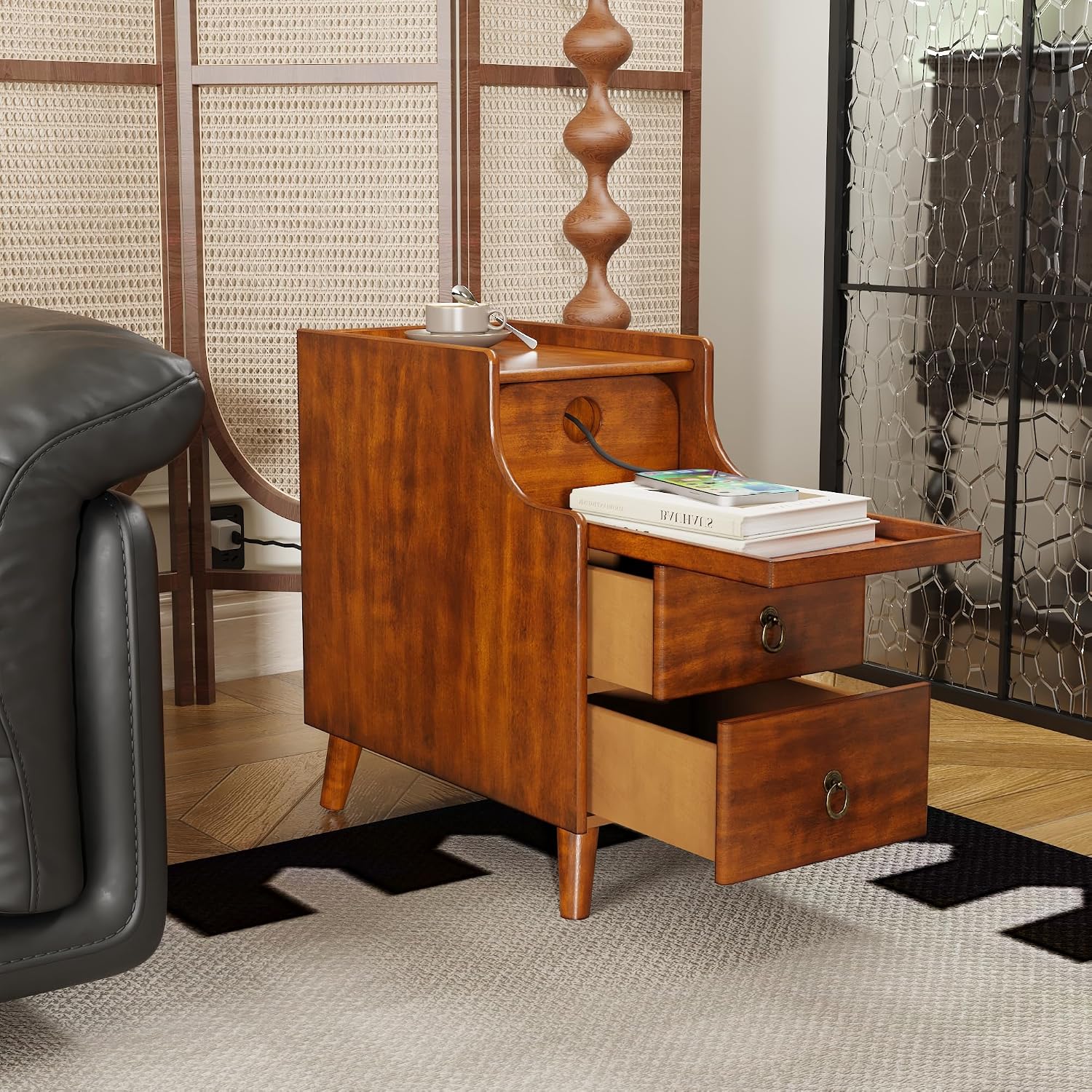 Set of 2 Storage Side End Table with 2 Drawers and Pull-Out Shelf, Small Sofa Side Table Living Room No-Tools Assembly, Solid Wood Narrow Beside Tables 11.8'W x 21.6'L x 22.9'H, Brown,BG-A1359-MG
