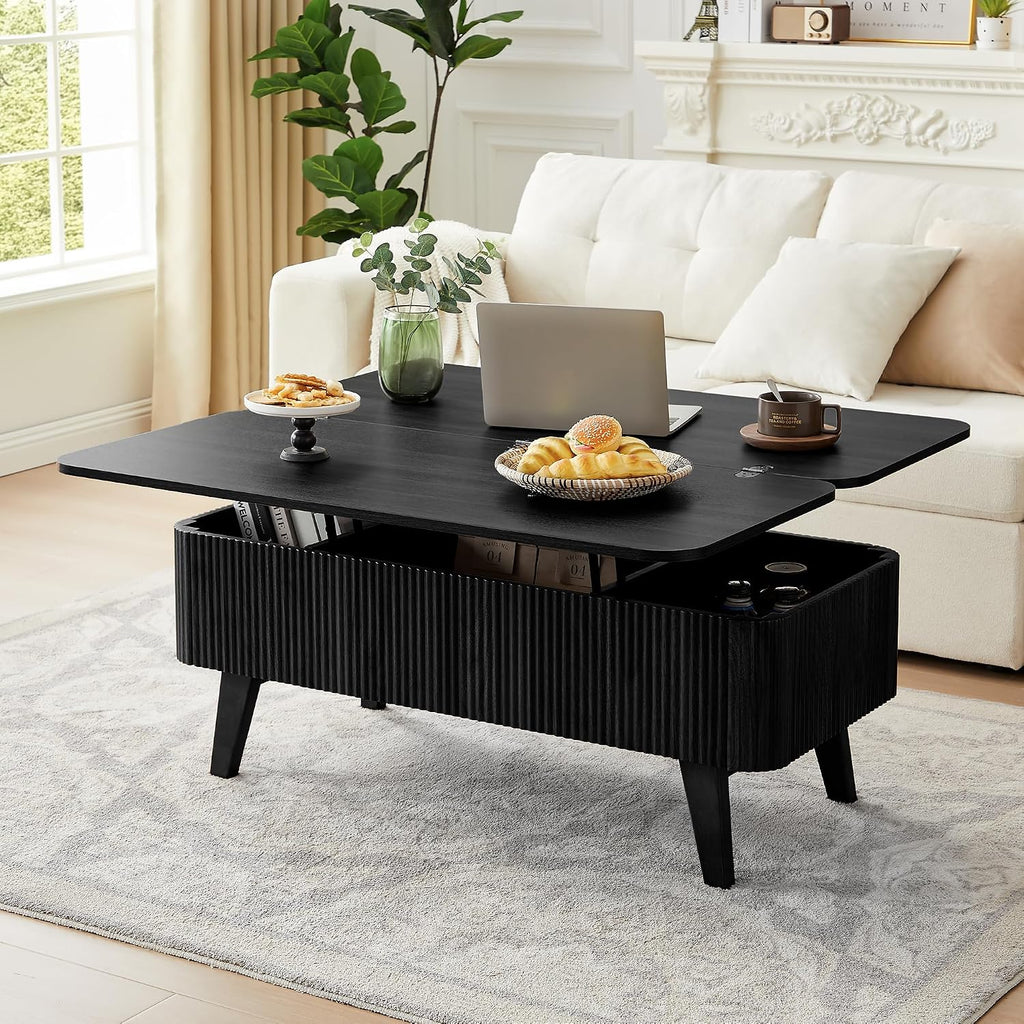 Fluted Lift Top Coffee Table, 3 in 1 Convertible Coffee Tables Converts to Dining Tables, Modern Oval Wooden Center Table with Storage for Living Room Office Small Space, Partial Assembly (Black)
