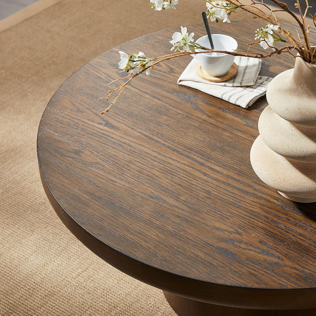 Round Wood Coffee Table for Living Room Modern Circle Coffee Table Pedestal Center Table for Apartment, Easy Assembly Brown