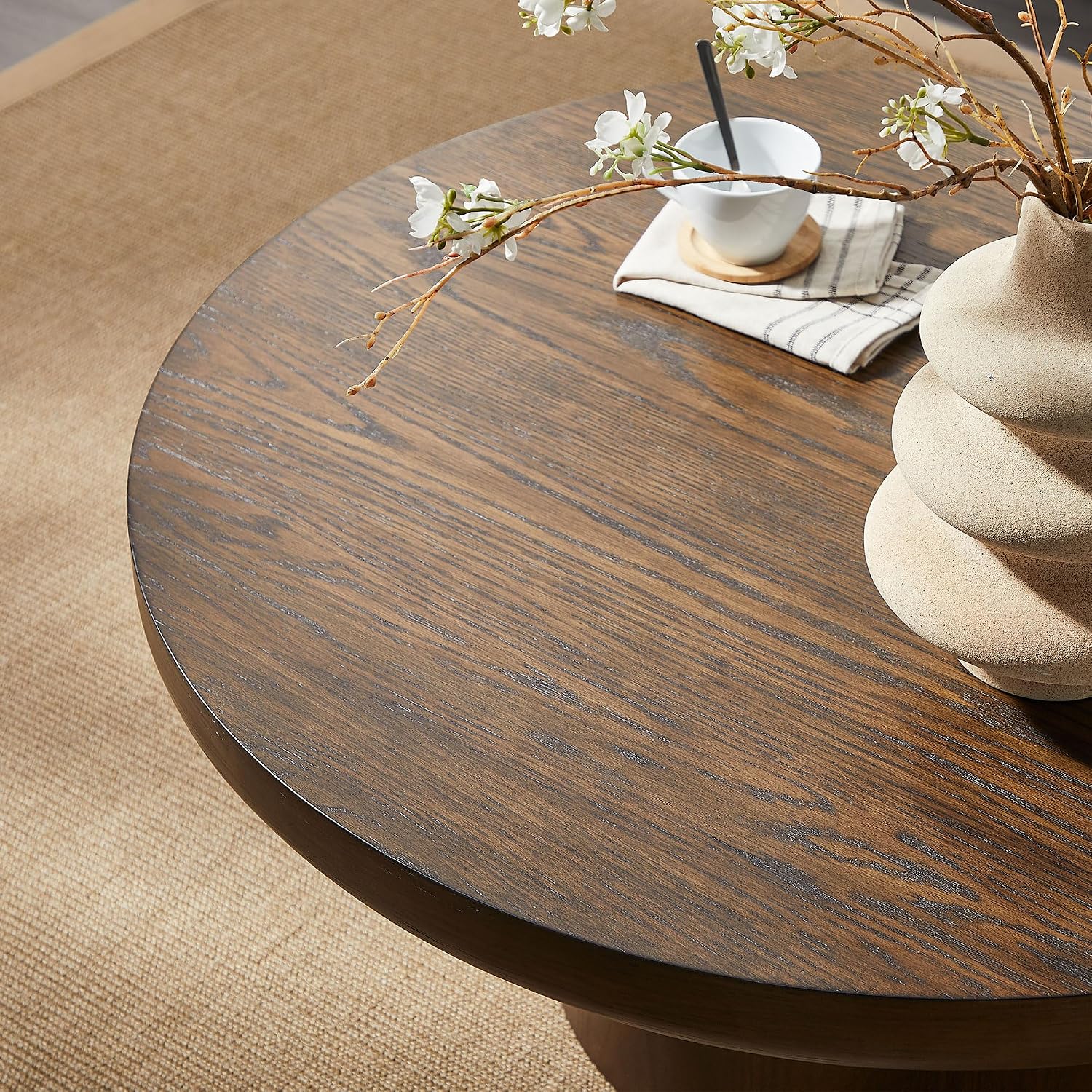 Round Wood Coffee Table for Living Room Modern Circle Coffee Table Pedestal Center Table for Apartment, Easy Assembly Brown