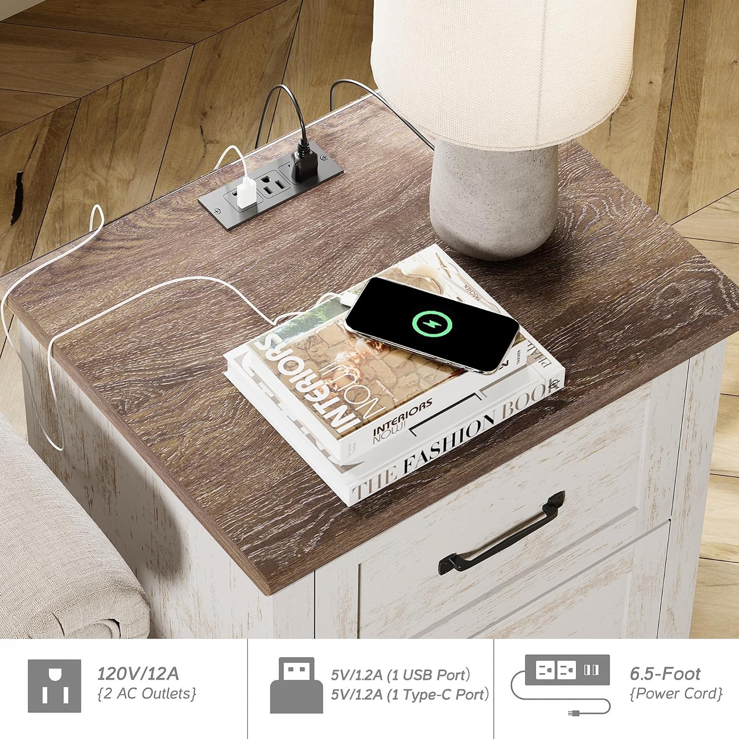 WAMPAT Antique White Side Table Nightstand with Charging Station, Wood End Table with 2 Drawers for Living Room, Rustic Night Stand Farmhouse Bedside Table for Bedroom, Kids Room