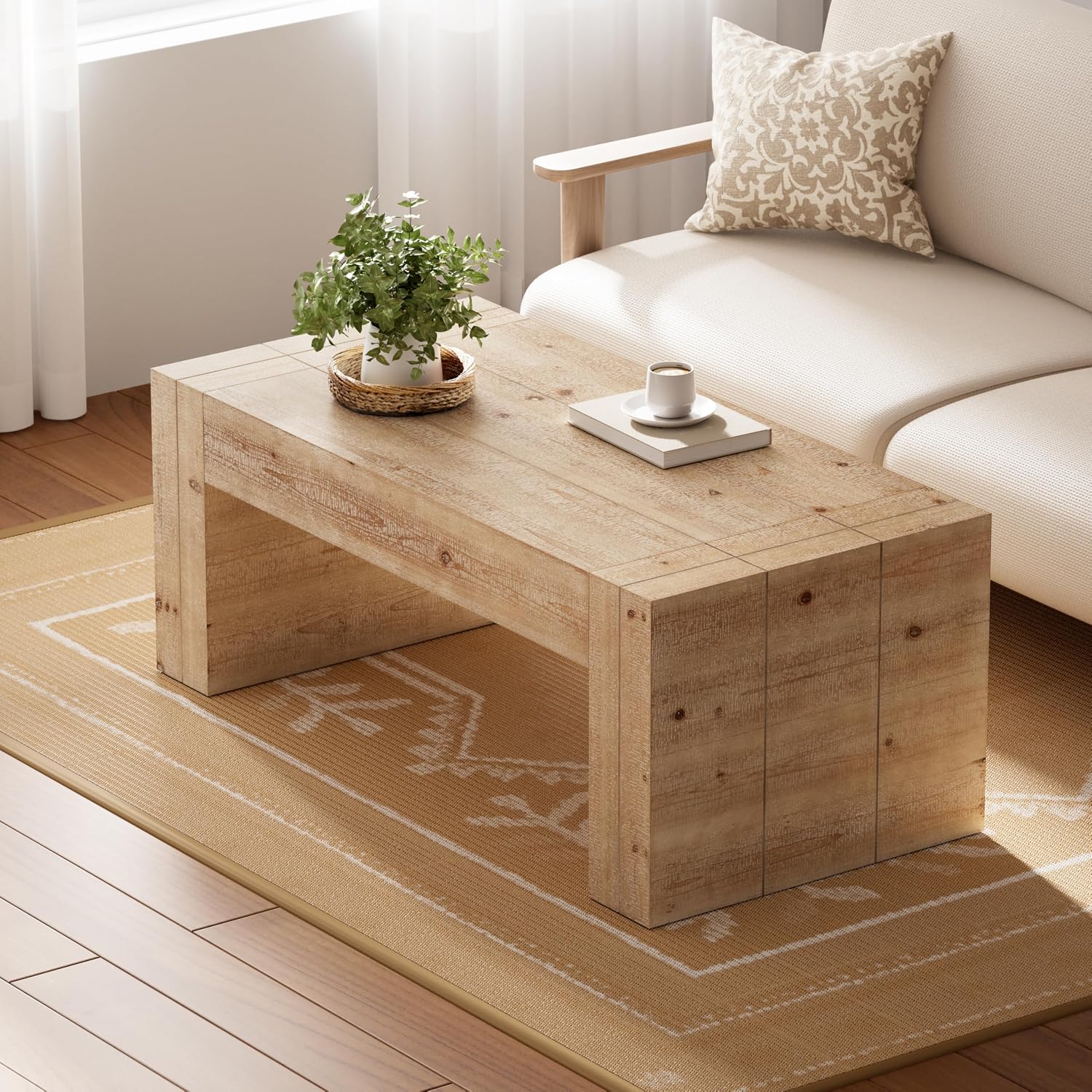 COZAYH Modern Rustic Wood Coffee Table with Thick Legs, Rectangular Living Room Center Table, Natural Finish Design, Sturdy Farmhouse Style for Home Decor, Office, Brown