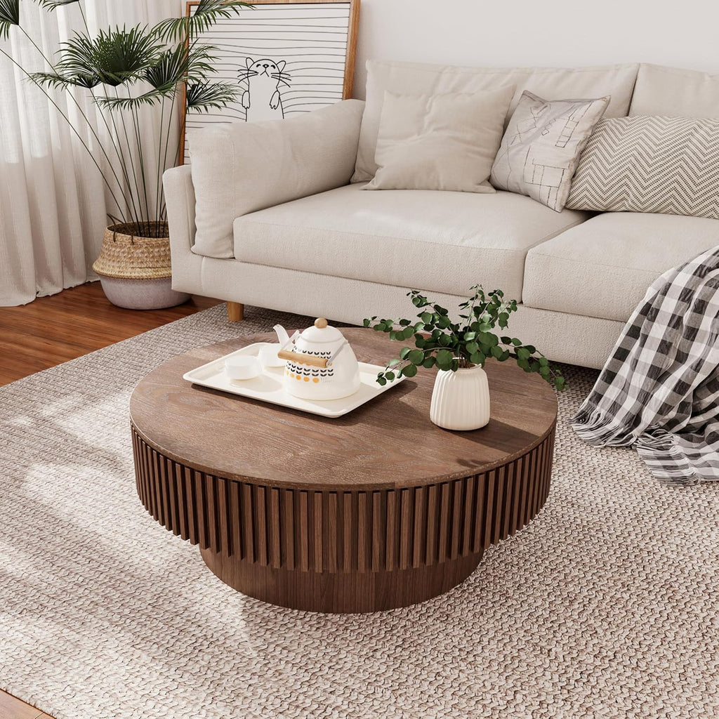 31.5'' Round Coffee Table with Storage, Modern Luxury Circle Drum Center Tables with Solid Wood Veneered, Accent Side Coffee Table for Living Room, Bedroom, Apartment-Walnut