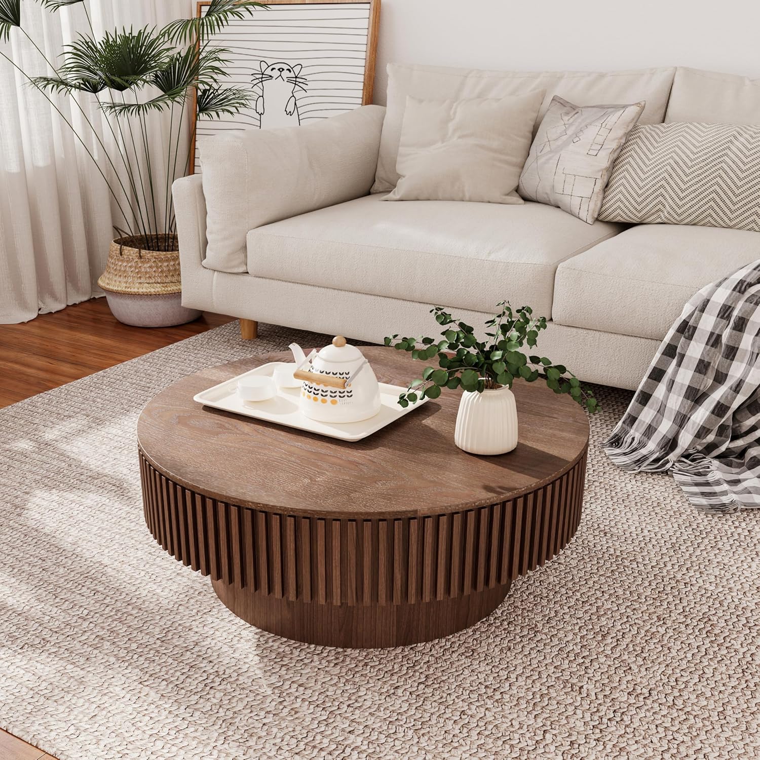 31.5'' Round Coffee Table with Storage, Modern Luxury Circle Drum Center Tables with Solid Wood Veneered, Accent Side Coffee Table for Living Room, Bedroom, Apartment-Walnut