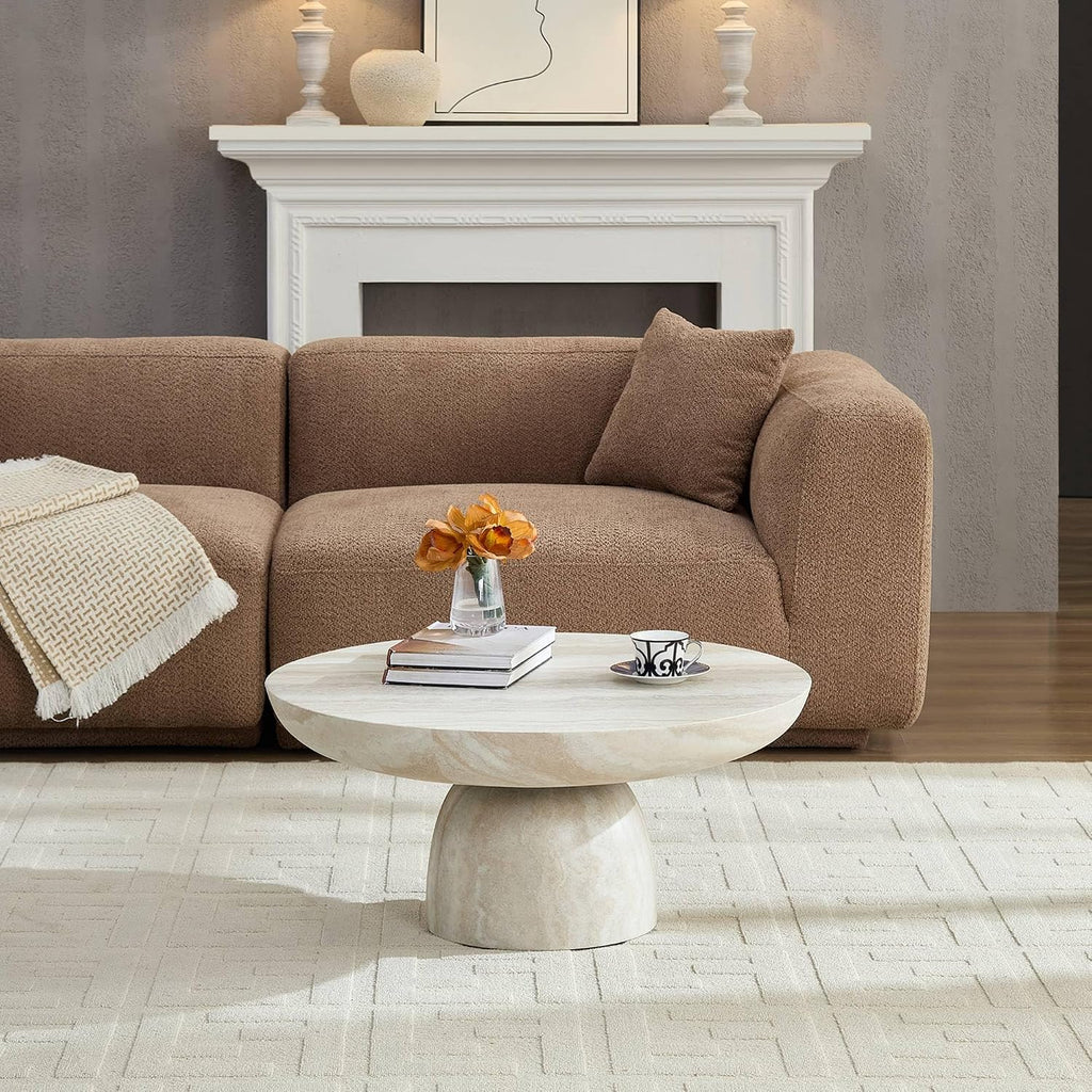 31.5' Round Coffee Table with Round Pedestal, Fiberglass Faux Marble Tabletop for Living Room, Modern Circle Center Table Tea Table for Apartment, Office, Beige Mars Pattern