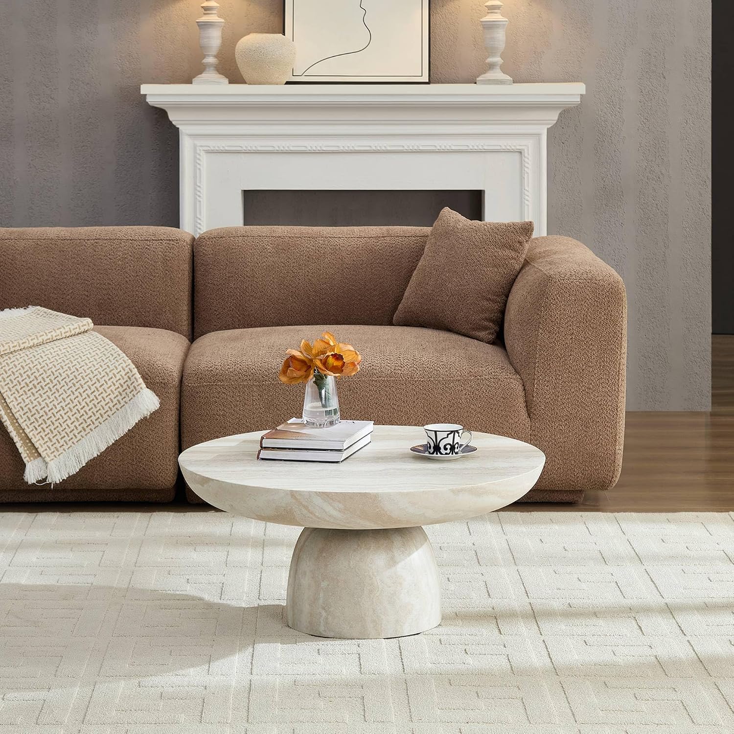 31.5' Round Coffee Table with Round Pedestal, Fiberglass Faux Marble Tabletop for Living Room, Modern Circle Center Table Tea Table for Apartment, Office, Beige Mars Pattern