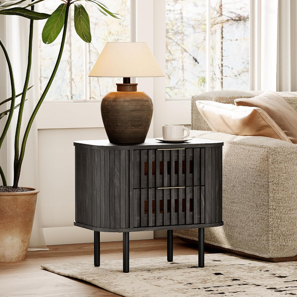 WAMPAT Fluted Nightstand, Modern Wooden End Table with 2 Drawer, Storage Bedside Table for Bedroom and Living Room, Black, 1 Pack
