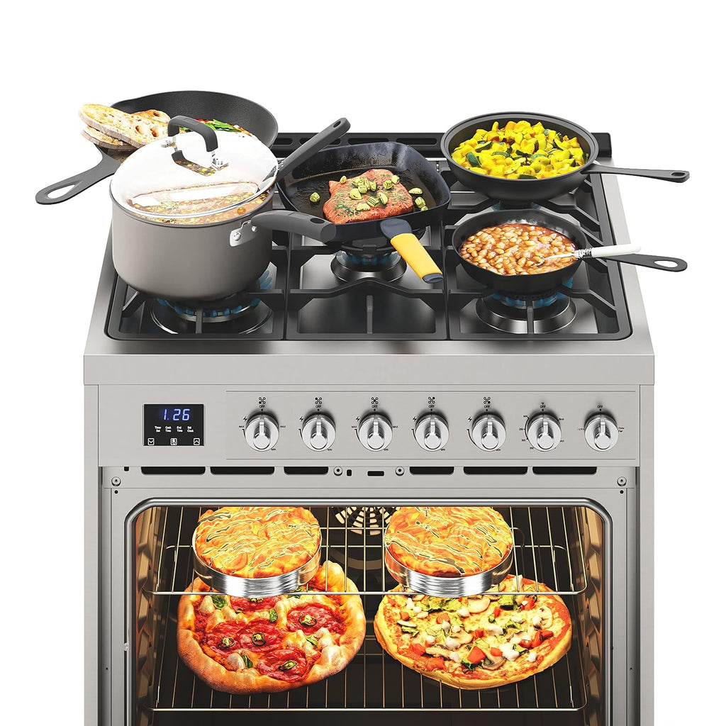 KoolMore 30' Inch Professional Gas Range Stove with 5 Burner Cooktop, Rapid Convection Oven, and Digital Timer with Heavy-Duty Cast Iron Grates, Stainless-Steel Appliance (KM-FR30G-SS),Silver