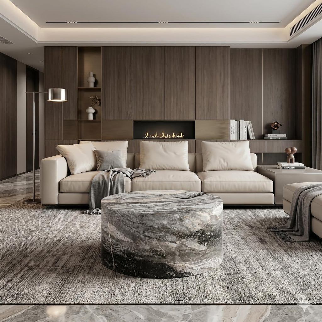 Round Coffee Table Living Room Table - Modern Faux Marble Design with Wood Accents in Grey,No Assembly Required - Ready to Use,Space-Saving