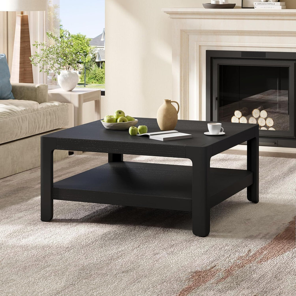 Farmhouse Modern Coffee Table Simple Style Square Cocktail Center Table with Open Shelf for Living Room Furniture, Black