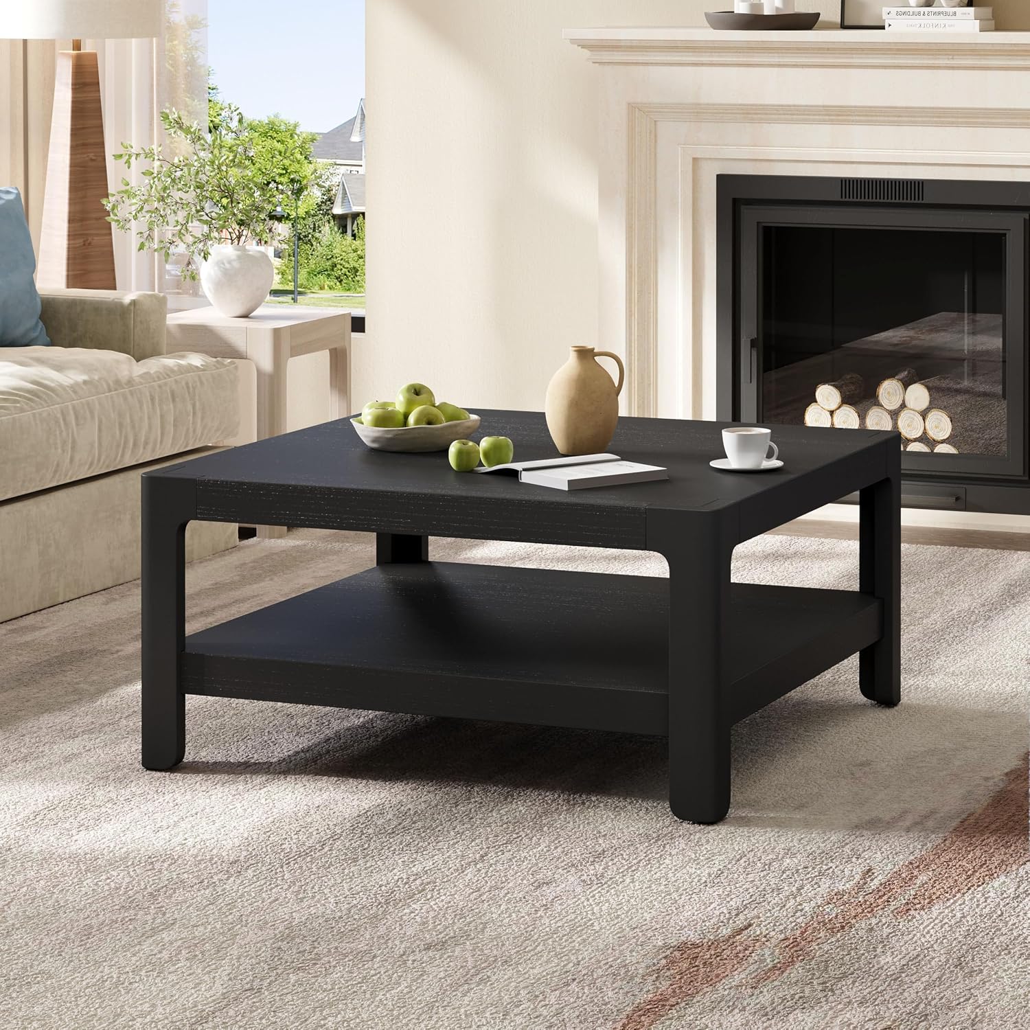 Farmhouse Modern Coffee Table Simple Style Square Cocktail Center Table with Open Shelf for Living Room Furniture, Black
