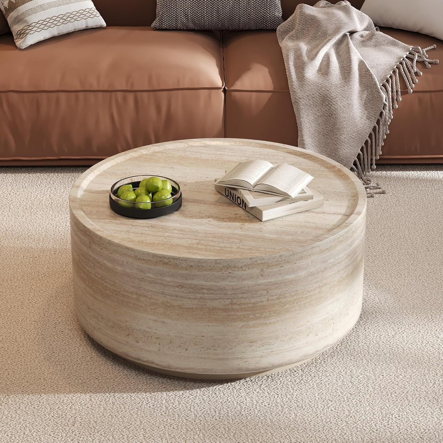 Merax 27.5' Round Coffee Table with Faux Luxury Marble Look, Drum Small Center Table with Strong Structure, Minimalist Mars Pattern End Table for Living Room, Bedroom, No Assembly Required, Beige