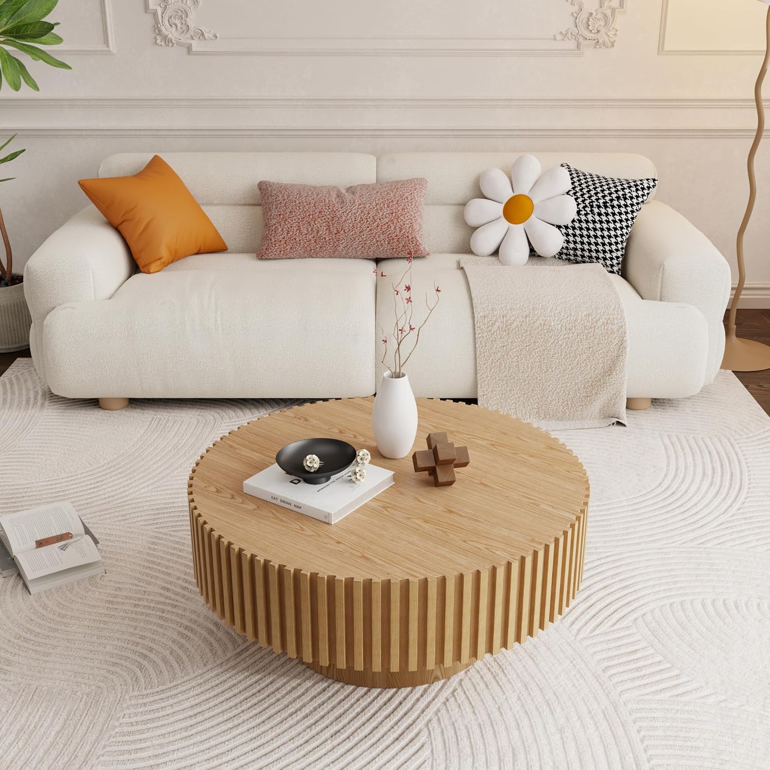 31.49' Round Coffee Table Wood, Modern Drum Fluted Oak Coffee Table for Living Room, Contemporary Minimalist Low Circle Center Table Side Table for Apartment, Farmhouse, Office Natural Ash