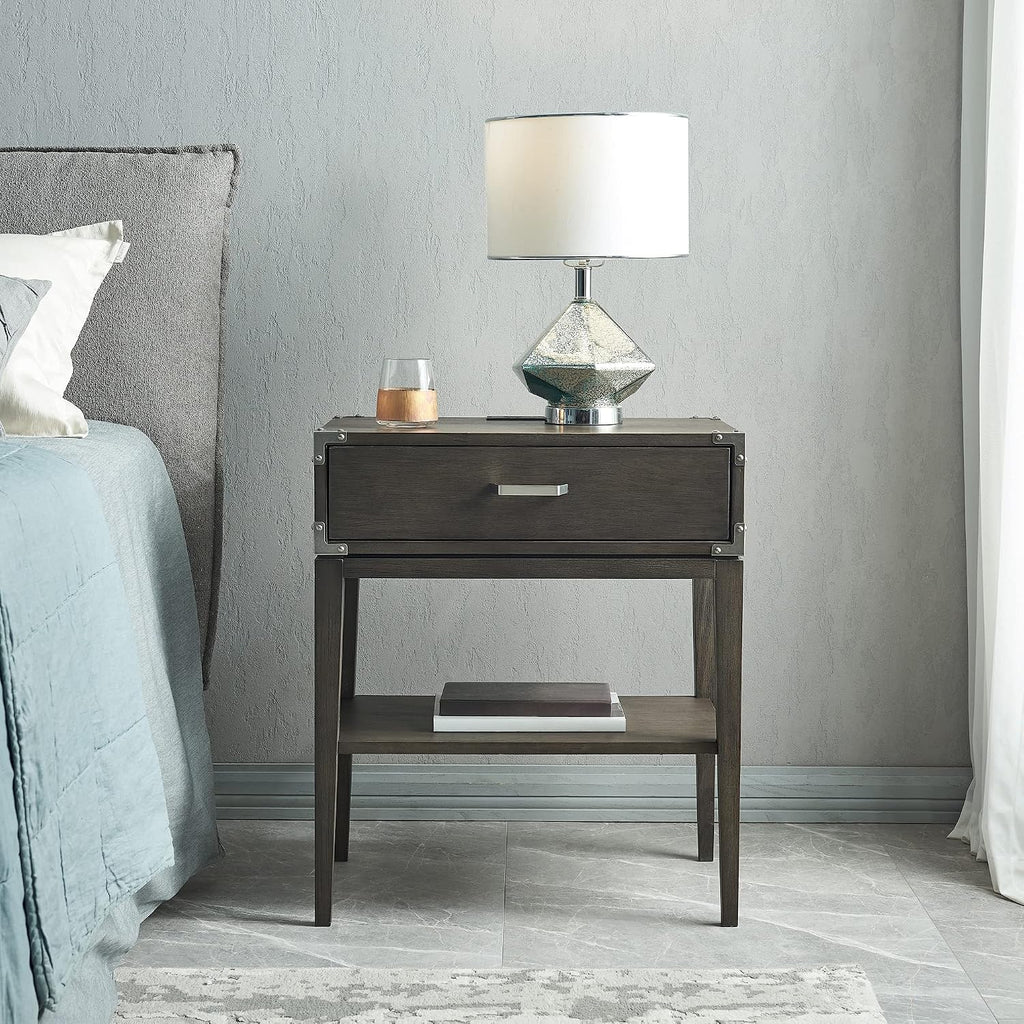 Leick Home 24022 Beckett Nightstand Side Table One Drawer Rustic USB-C Fast Charging Station, A/C and USB Charging Port Integrated Durable Solid Wood Living Room, Bedroom, Office, Anthracite/Pewter