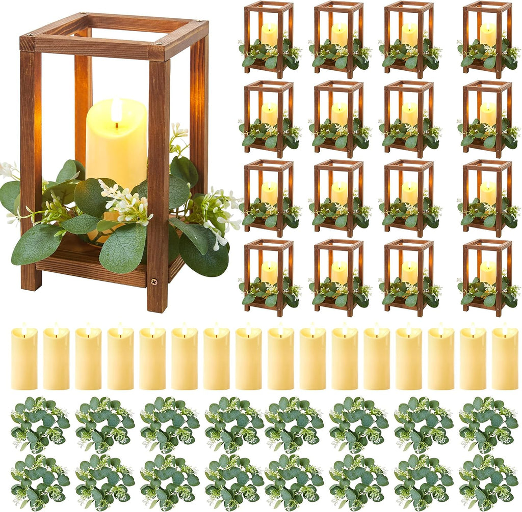 48 Pcs/16 Set Wooden Wedding Lantern Centerpiece,Wooden Centerpieces for Tables-with 16 Holders 16 Candles 16 Wreaths for Rustic Table Decoration Country Barn Wedding Party (Brown)