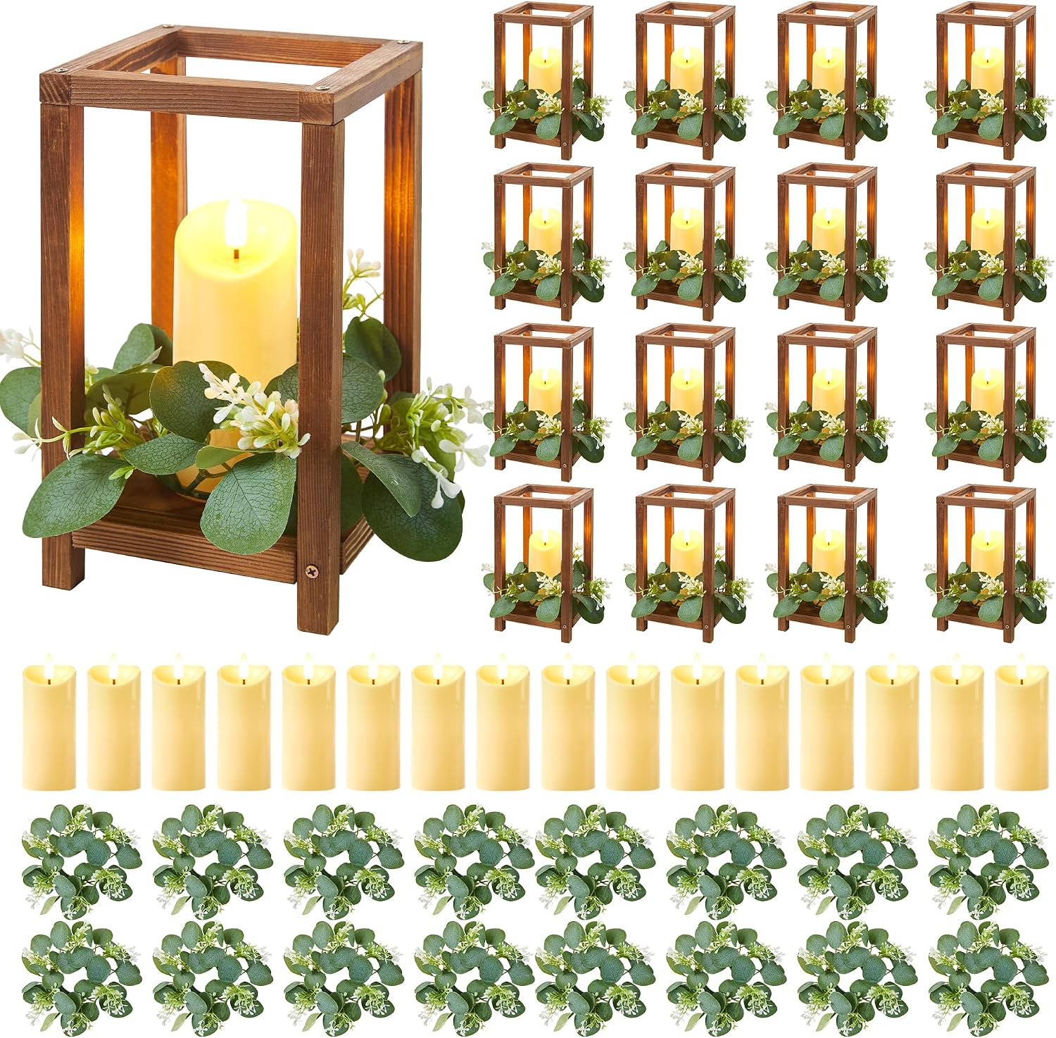 48 Pcs/16 Set Wooden Wedding Lantern Centerpiece,Wooden Centerpieces for Tables-with 16 Holders 16 Candles 16 Wreaths for Rustic Table Decoration Country Barn Wedding Party (Brown)