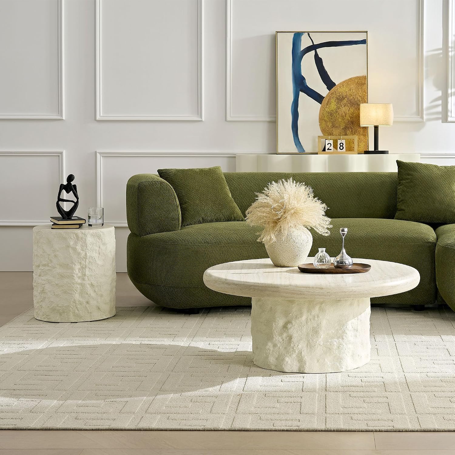 Coffee Table Set of 2, Round Fiberglass Imitation Stone Table Cement Rock Center Table witn Side Table for Living Room Apartment Office, 35.04'&15.75', No Need Assembly