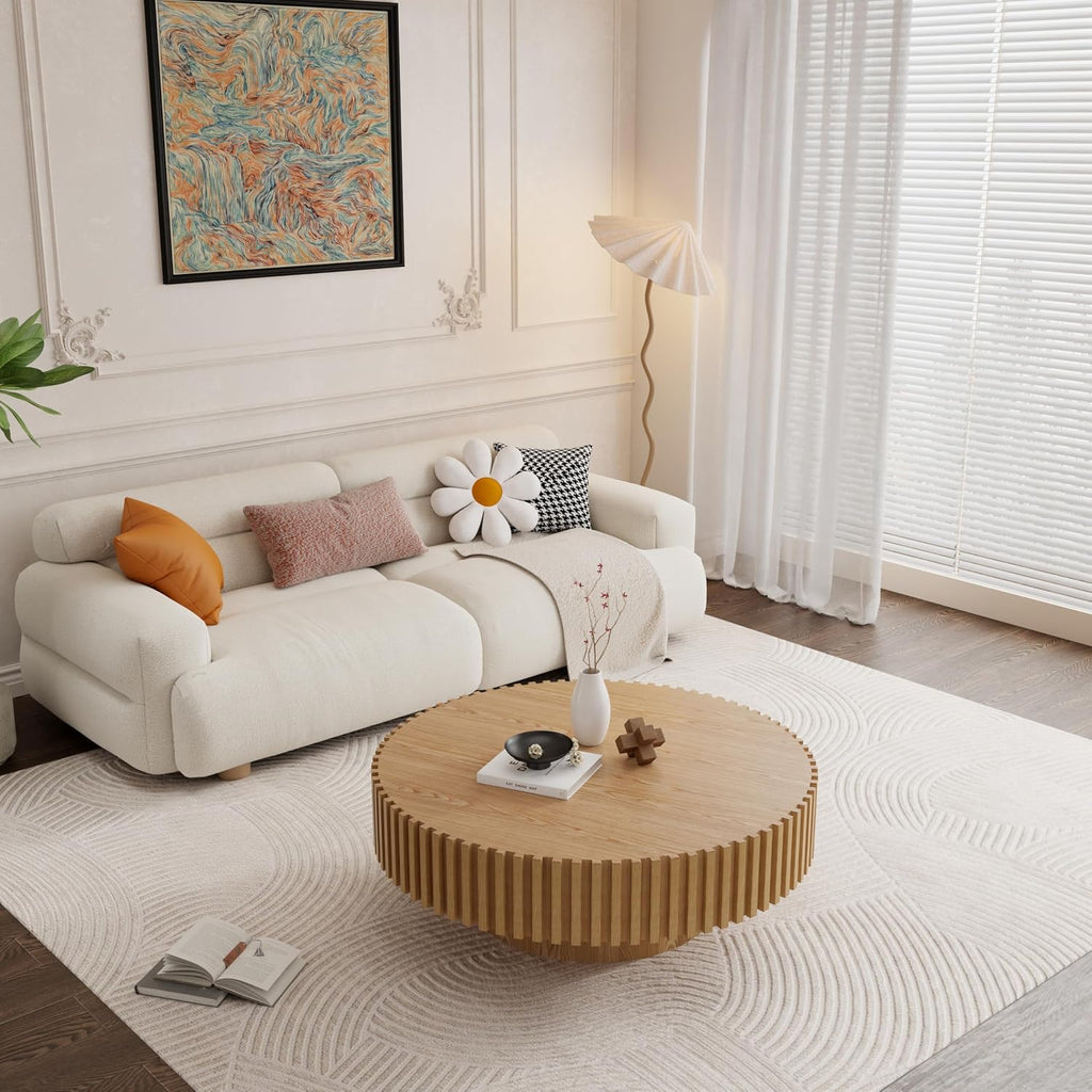 39.4' Oak Round Coffee Table Wood, Modern Drum Fluted Circle Coffee Table for Living Room, Contemporary Low Center Table Side Table for Apartment, Farmhouse, Office, mesa de Cafe, Natural Ash