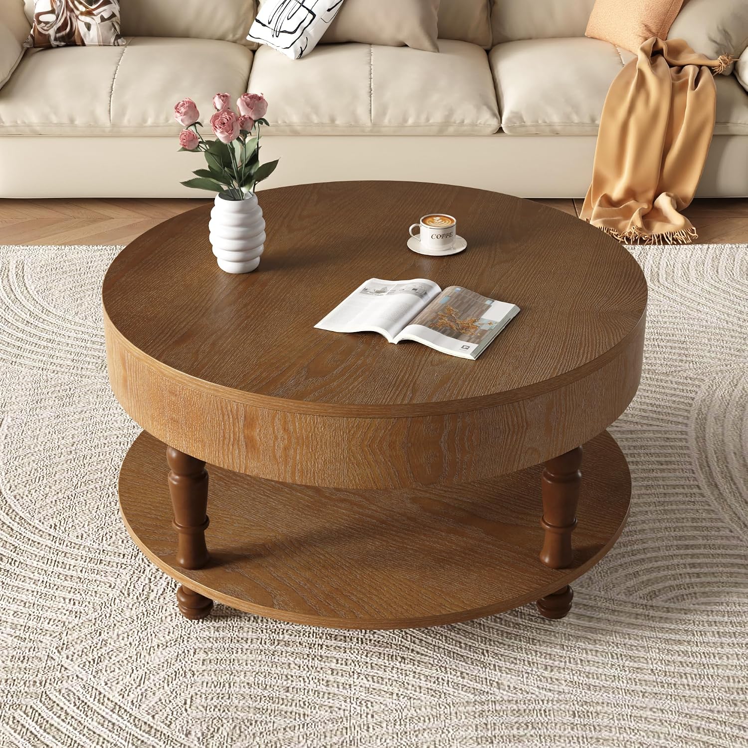 Hayzz Round Coffee Table with Storage 31.5 Inch, Modern Lift Top Accent Coffee Table with Hidden Compartment & Lower Shelf, Adjustable Leveling Feet, Easy Assembly for Living Room, Walnut Brown