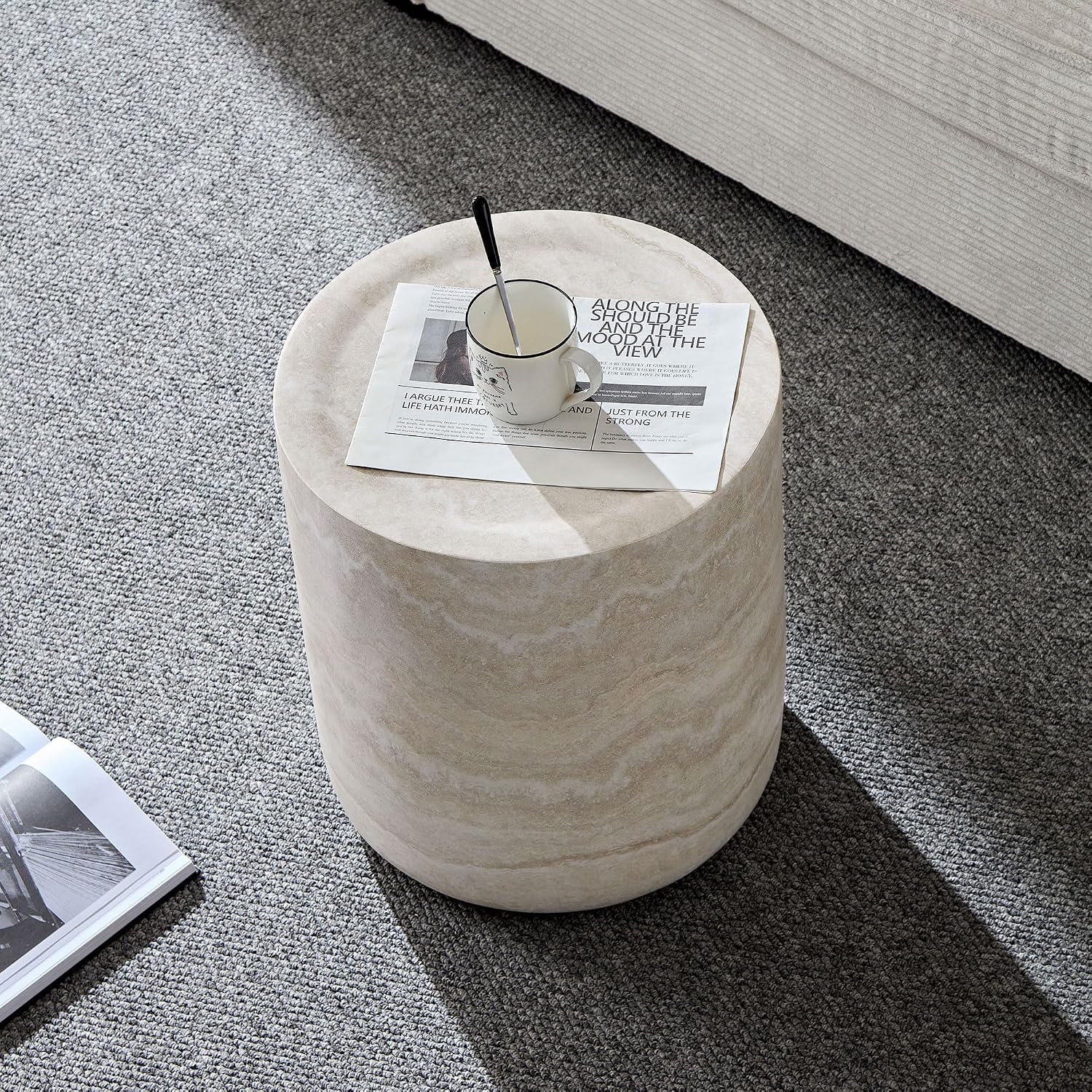 Round Side Table Small Coffee Table French Country Rustic Side Table End Table for Living Room Light Gray,No Assembly