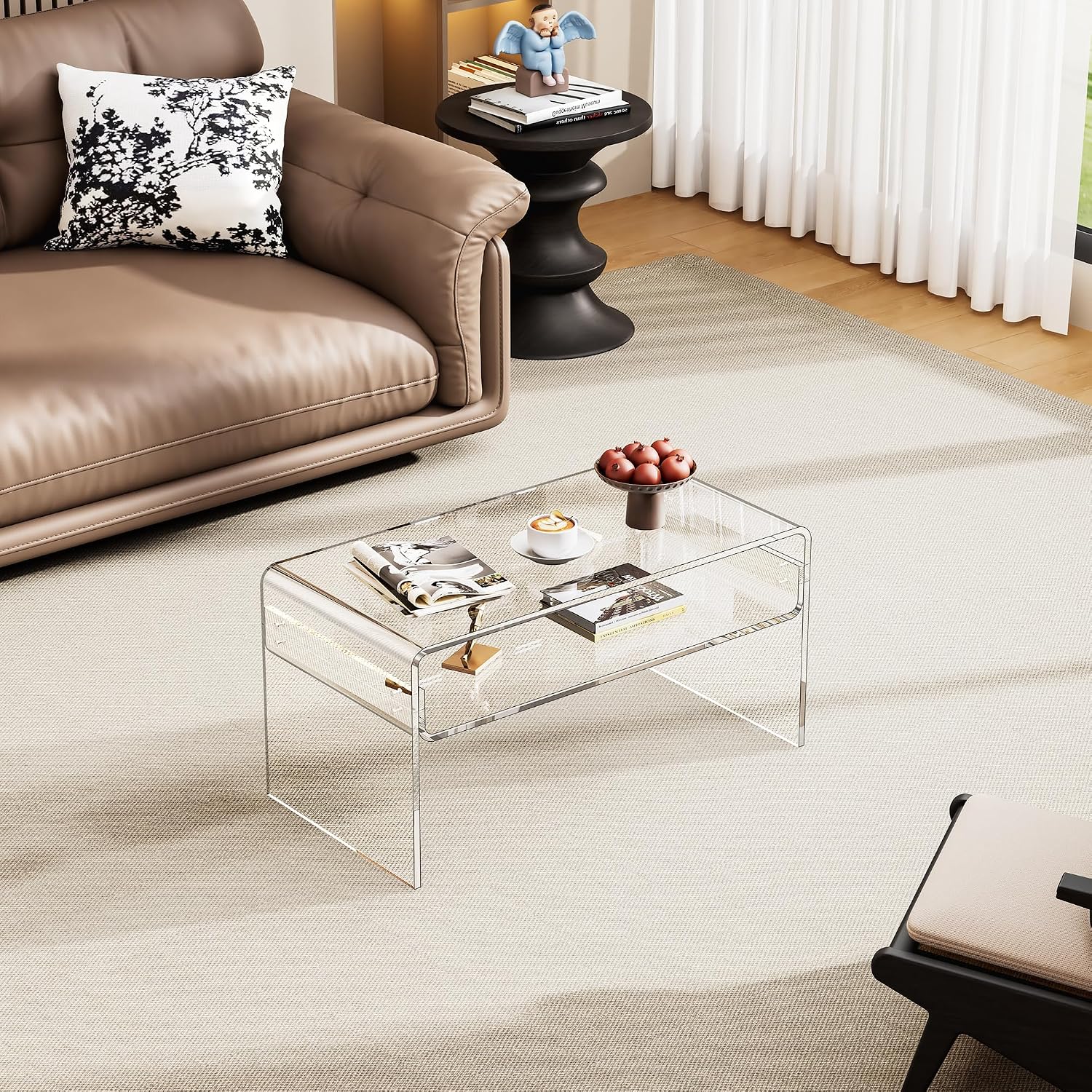 Acrylic Coffee Table for Living Room Clear Rectangle Lucite Table with Open Storage Shelf (1, Clear, Nomal)