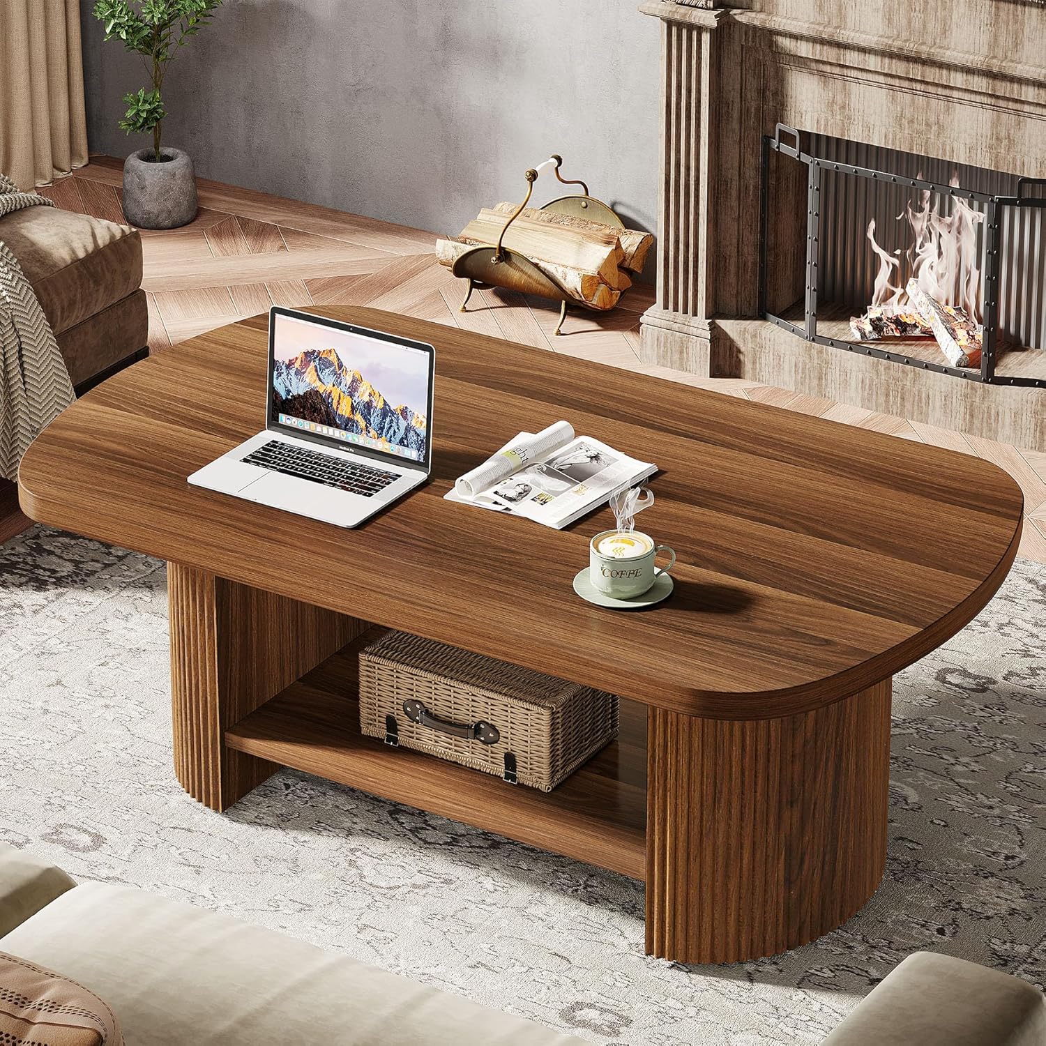 Tribesigns Oval Coffee Table, Mid-Century 2-Tier Coffee Table with Storage Shelf, Modern 45.27' Accent Center Table with Wooden Dual Base for Living Room Bedroom Apartment (Rustic Brown)