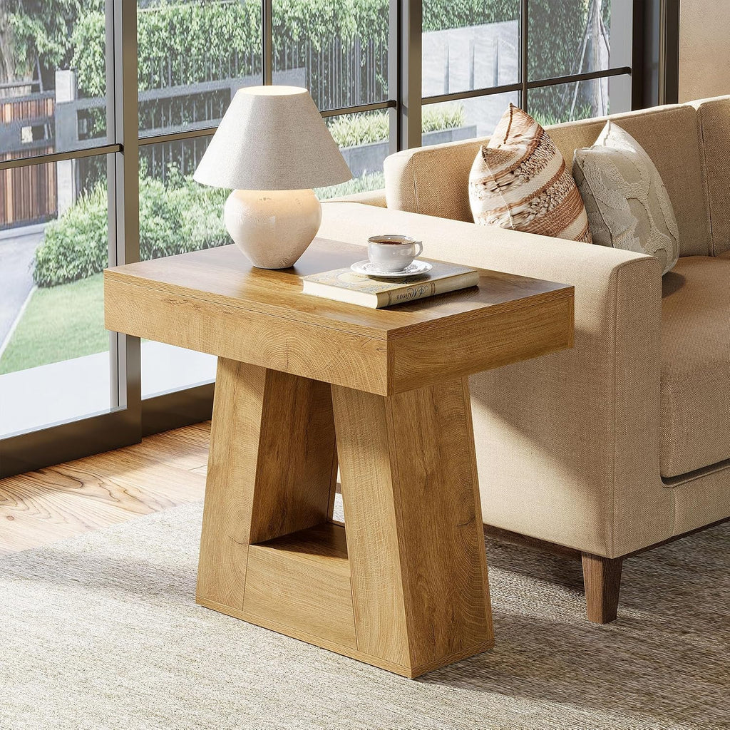 Tribesigns 24' Modern Side Table Set of 2, 2-Tier Narrow Wooden End Table with Trapezoid Base, Farmhouse Small Nightstand for Living Room, Bedroom (Natural Wood Color)