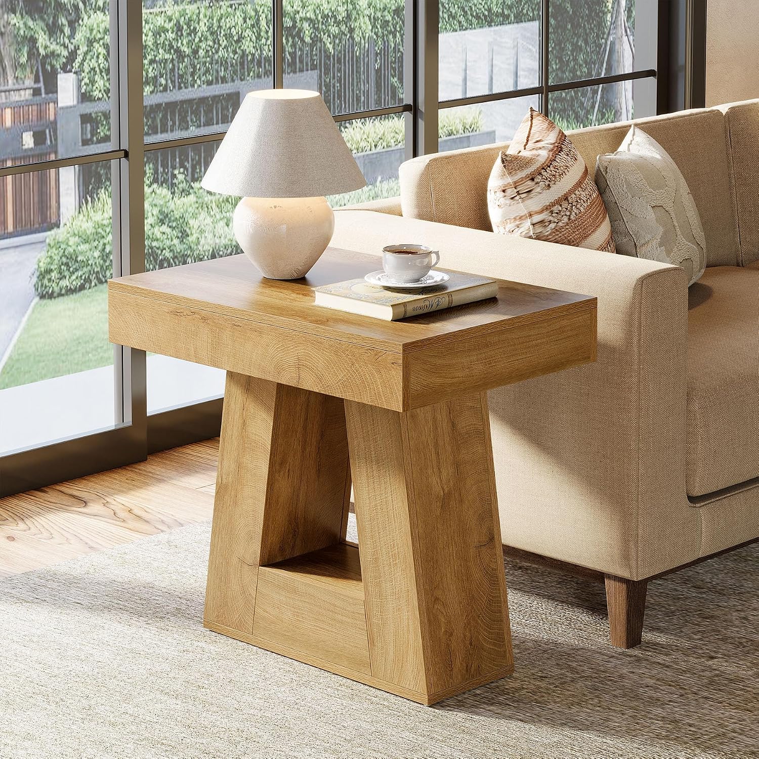 Tribesigns 24' Modern Side Table Set of 2, 2-Tier Narrow Wooden End Table with Trapezoid Base, Farmhouse Small Nightstand for Living Room, Bedroom (Natural Wood Color)