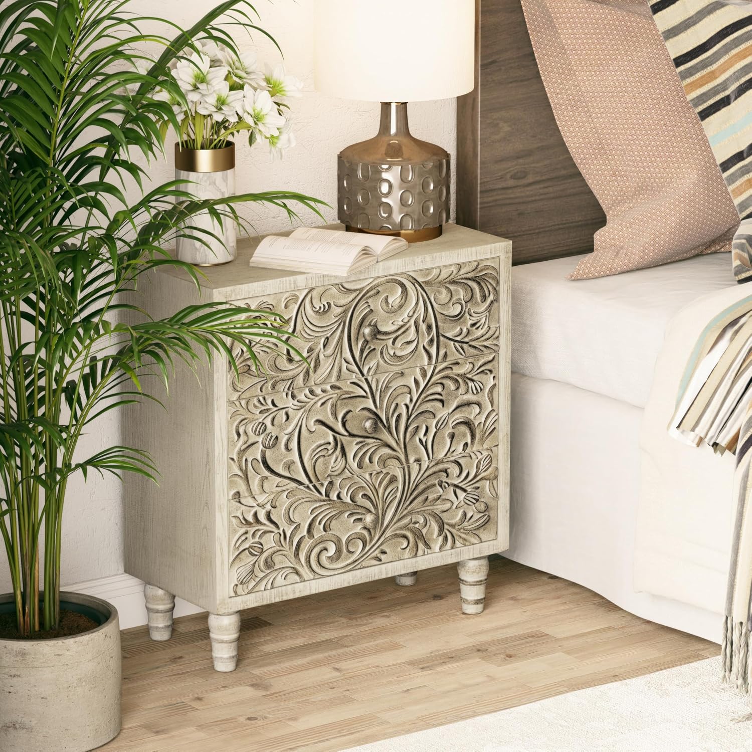 3 Drawer Farmhouse Dresser with Embossed Weathered Flower Motif, Vintage Nightstand for Bedroom, Almost Fully-Assembled, Boho, Weathered White