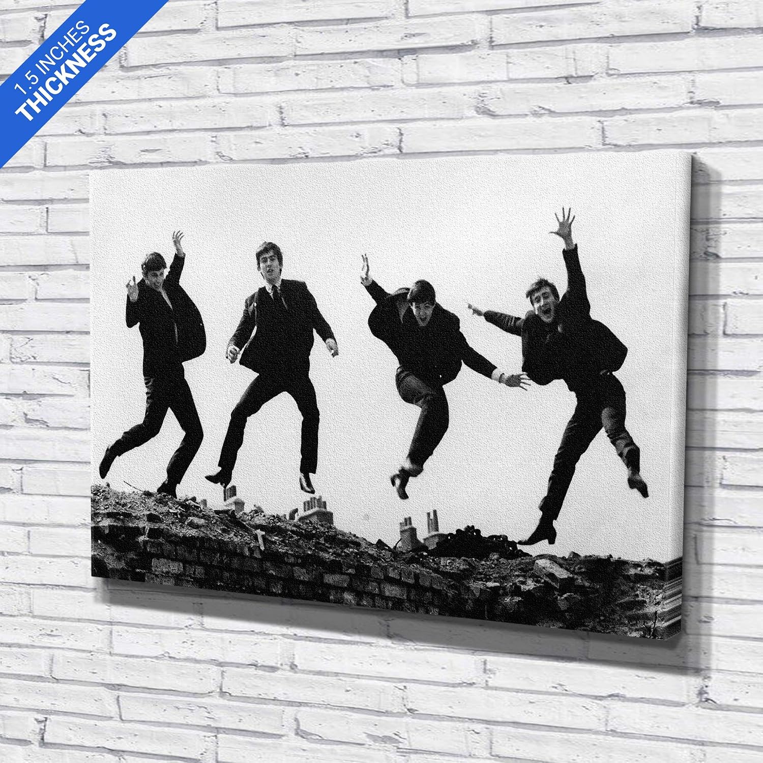 Vintage Rock Band Canvas Wall Art | Black & White Musicians Jumping Print | Retro Home Décor – Various Sizes (45in x 30in Gallery Wrapped)