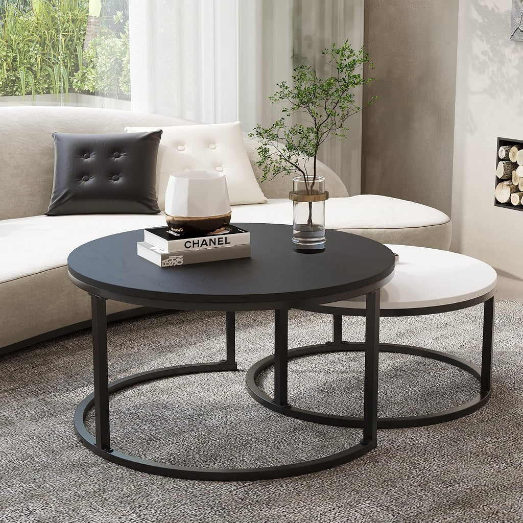 WiberWi Round Coffee Table, Nesting Tables Set of 2, Large : Ø 34.0', Small : Ø 26.0', Modern Design Furniture Side End Table for Living Room, Metal Frame Sofa Table Cocktail Table, Black & White