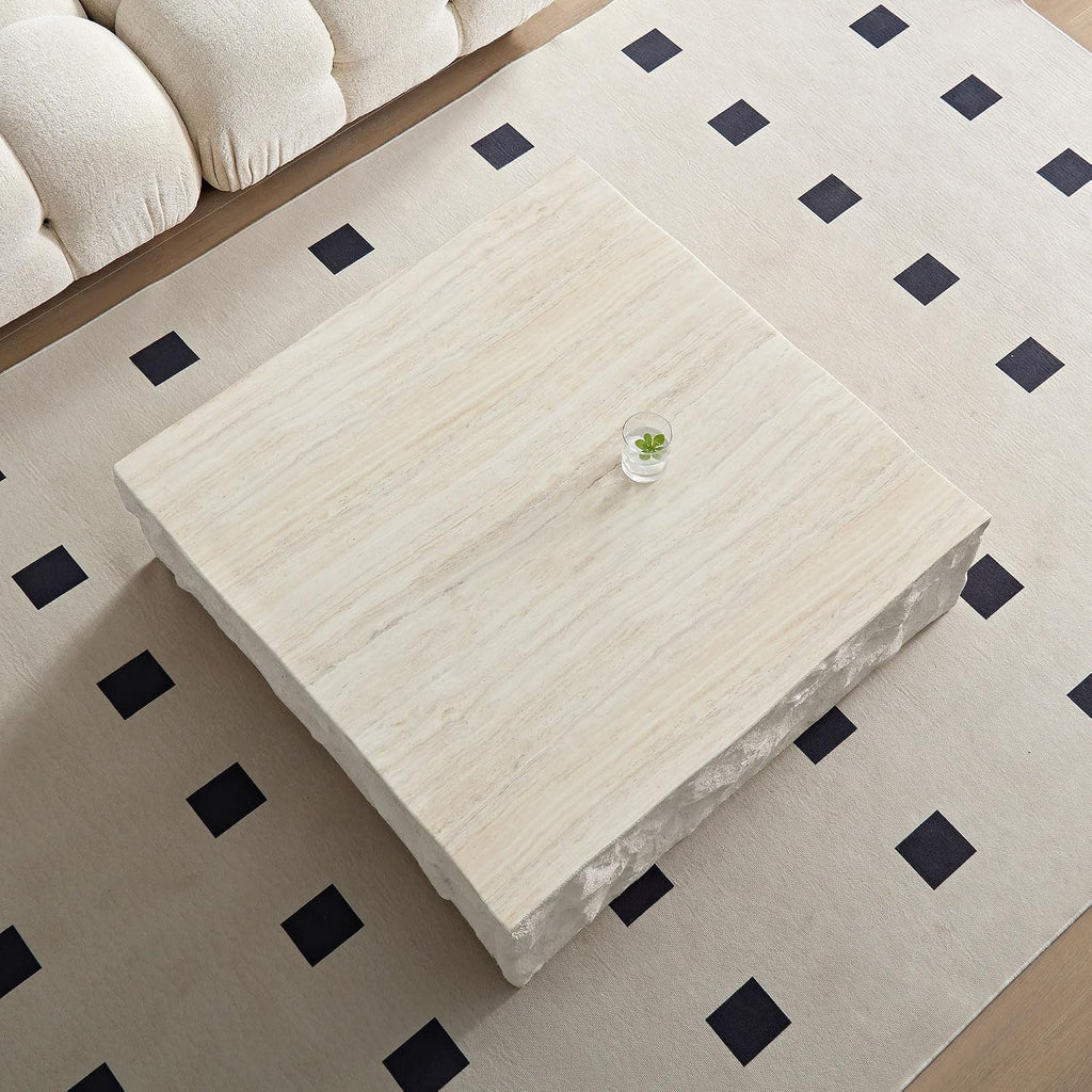 Square Coffee Table for Living Room Modern Center Table for Apartment, No Need Assembly (Fiberglass 35.43'' Cement Stone Pattern)