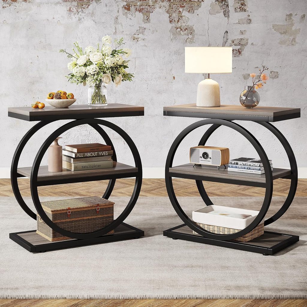 Tribesigns End Table Set of 2, Narrow End Table with 3 Storage Shelves, Wooden Side Table with Metal Frame, Small Sofa Side Table for Living Room, Grey Nightstand and Bedside Table for Bedroom