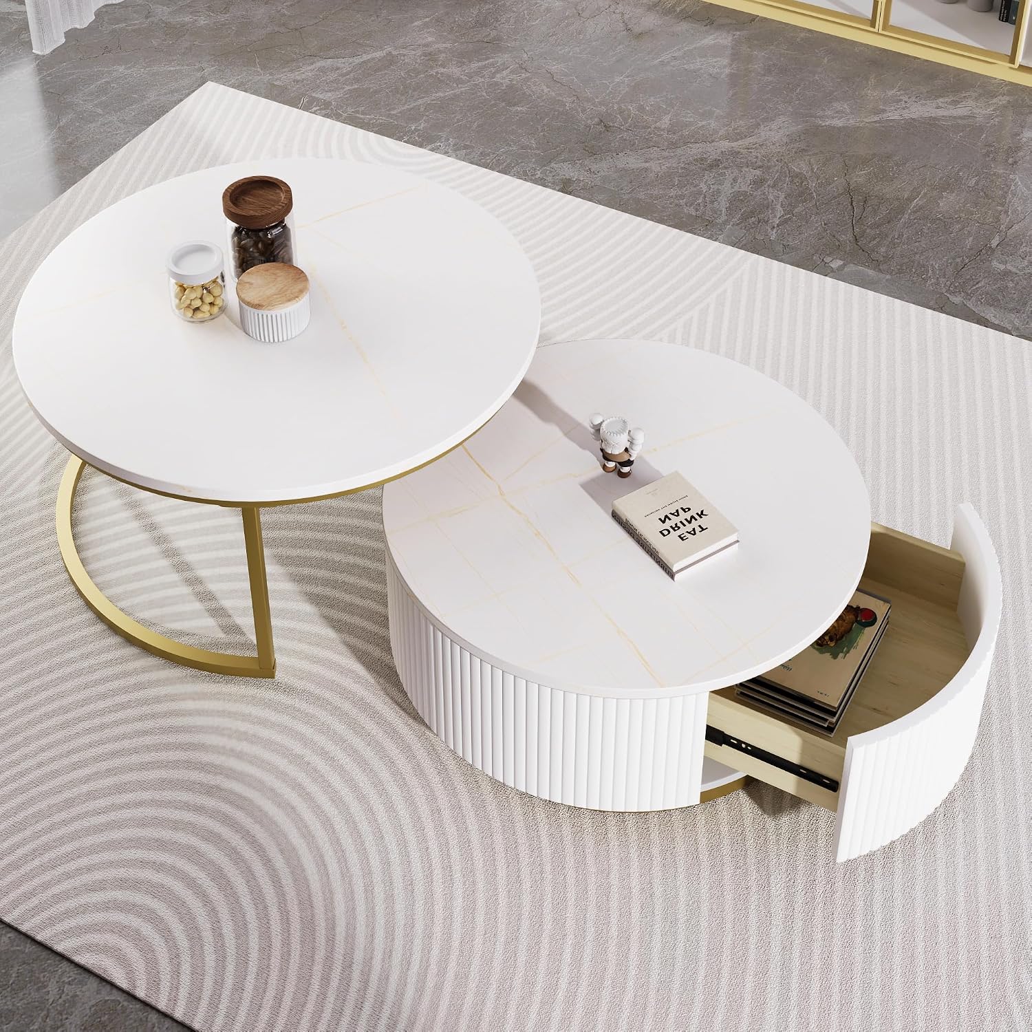 Merax 27.6' Modern Round Nesting Coffee Table Fluted with Drawer for Home Living Room, White & Gold
