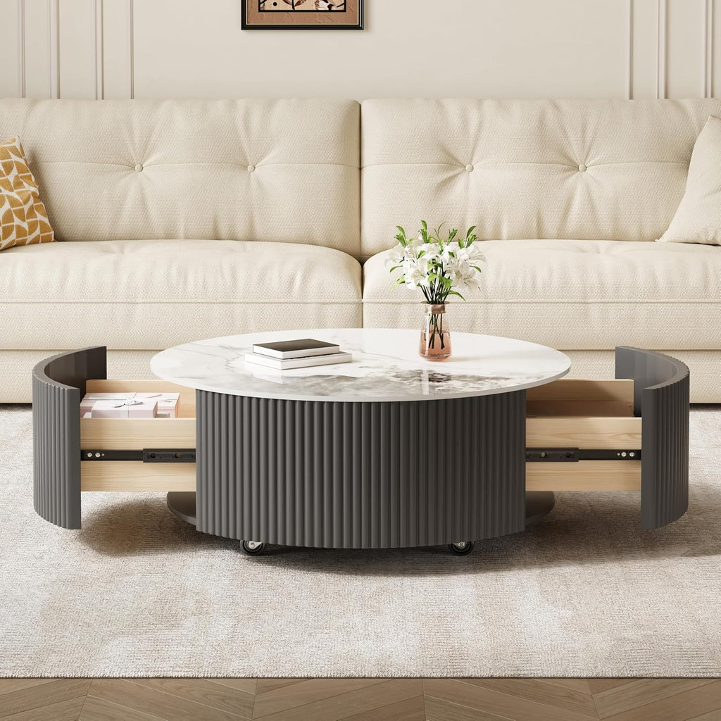 Merax 29.5' Round Fluted Coffee Table for Living Room, Movable Accent Table with Casters and 2 Storage Drawers, Marble Pattern Sintered Stone Top, Black and White