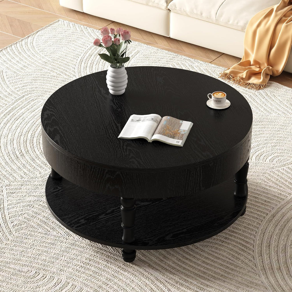 Hayzz Round Coffee Table with Storage 31.5 Inch, Modern Lift Top Accent Coffee Table with Hidden Compartment & Lower Shelf, Adjustable Leveling Feet, Easy Assembly for Living Room, Black