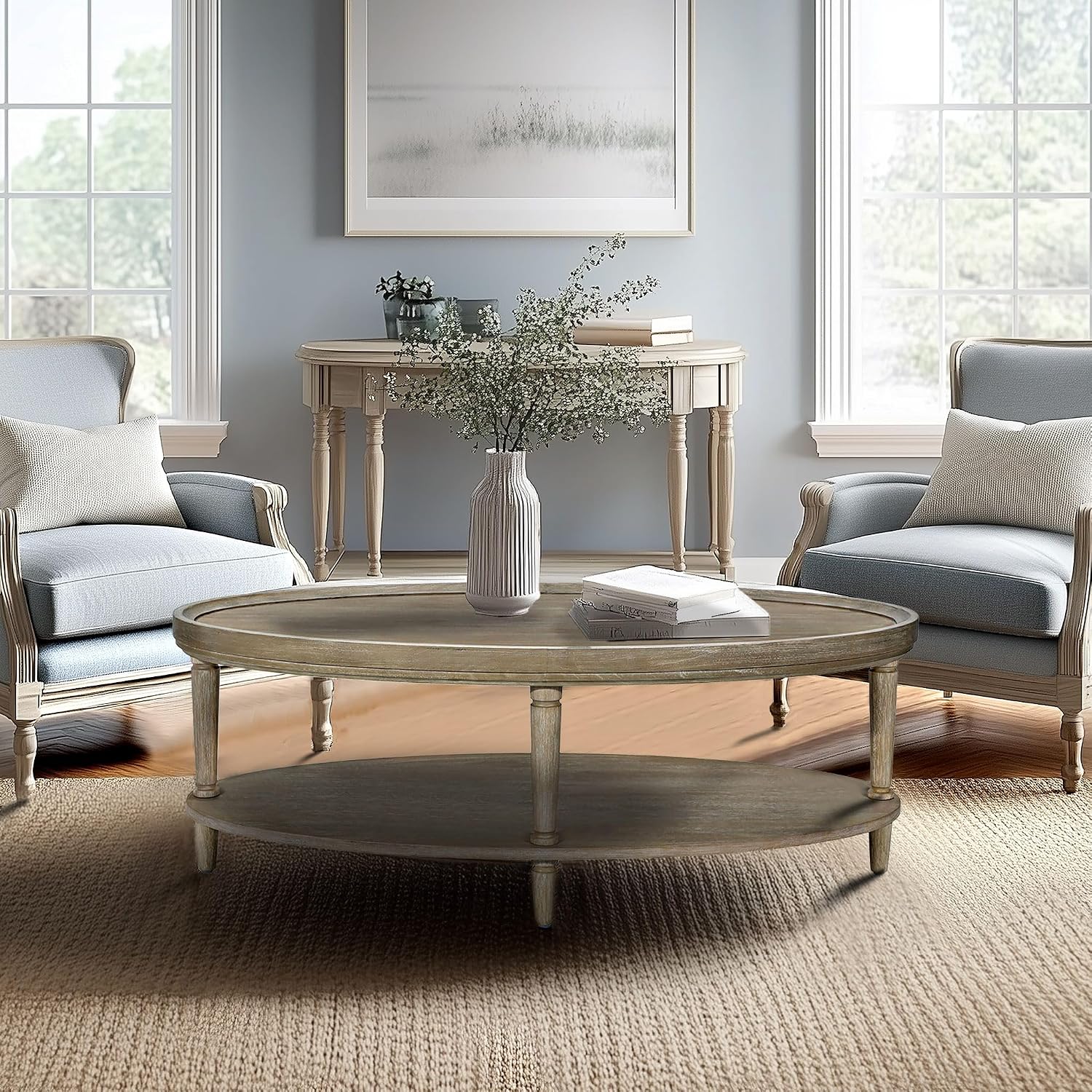 Martha Stewart Ayanna Round Coffee Table for Living Room, Bedford Collection, Farmhouse Coffee Table with Shelving for Storage, Modern Farmhouse Living Room Table, 48' Wide Reclaimed Greige