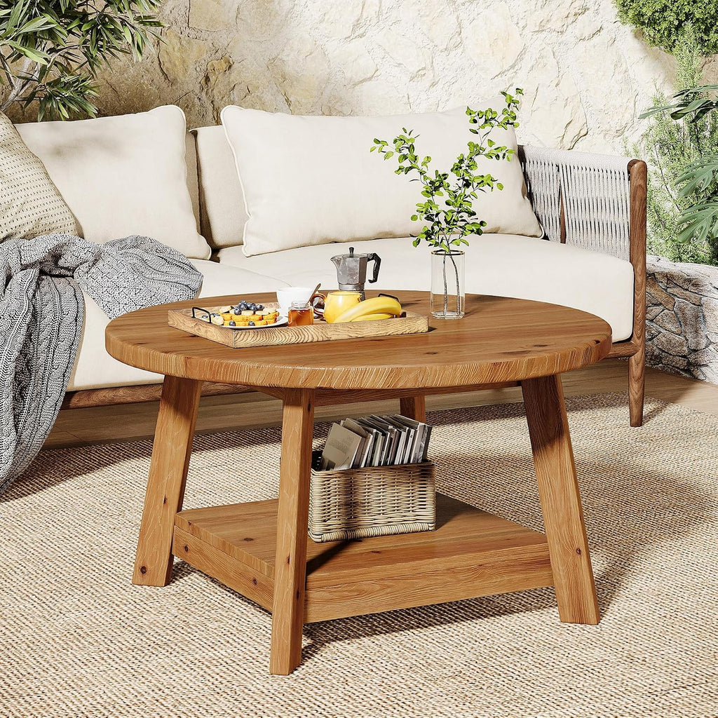 Solid Wood Round Coffee Table for Living Room, 31.5' Farmhouse Wooden 2-Tier Circle Center Cocktail Accent Table with Storage Shelf and Tapered Legs for Apartment, Small Space, Brown