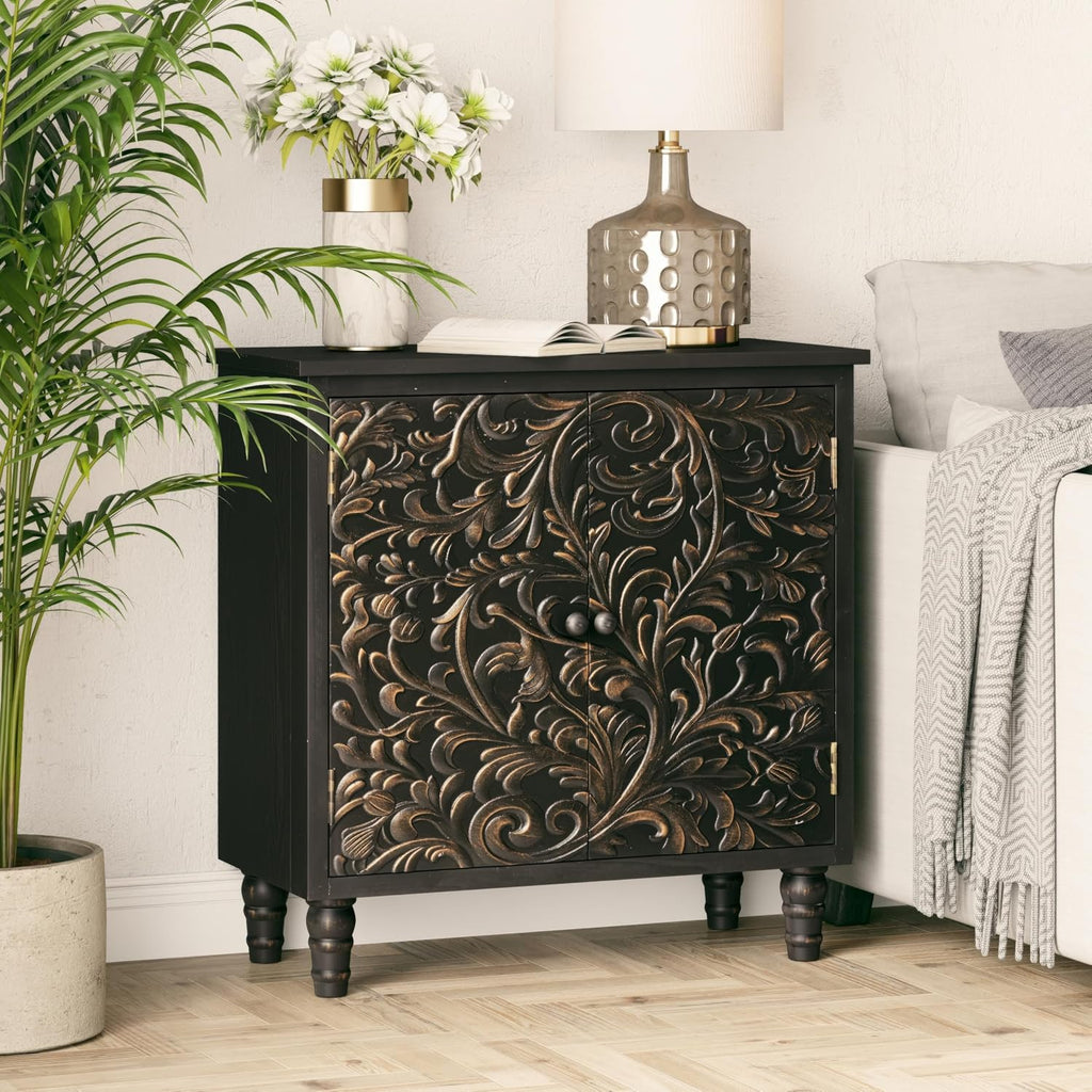2 Door Farmhouse Storage Cabinet with Embossed Distressed Flower Motif, Vintage Side Table for Living Room, Bedroom, Boho, Black