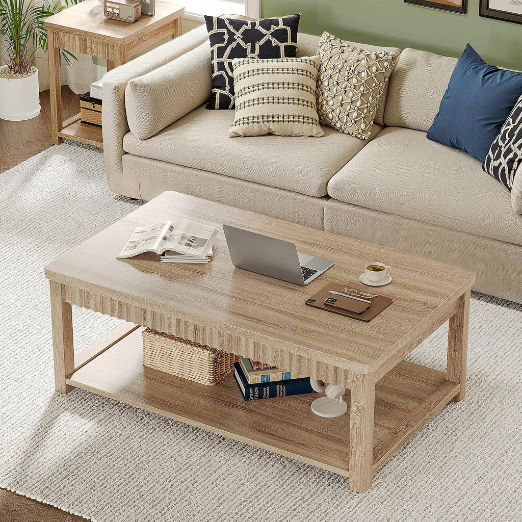 Homkdom Coffee Table, 39 Inch Modern Coffee Tables for Living Room with 2-Tier Storage & Wave-Edge, Oak Center Table for Bedroom/Office