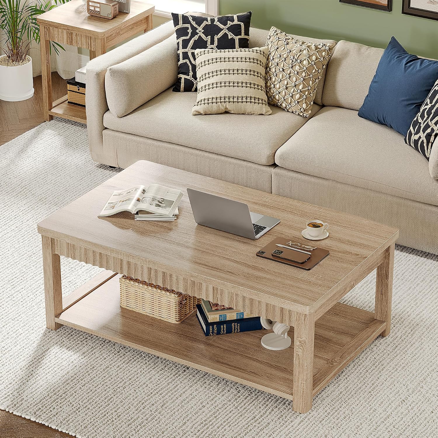 Homkdom Coffee Table, 39 Inch Modern Coffee Tables for Living Room with 2-Tier Storage & Wave-Edge, Oak Center Table for Bedroom/Office