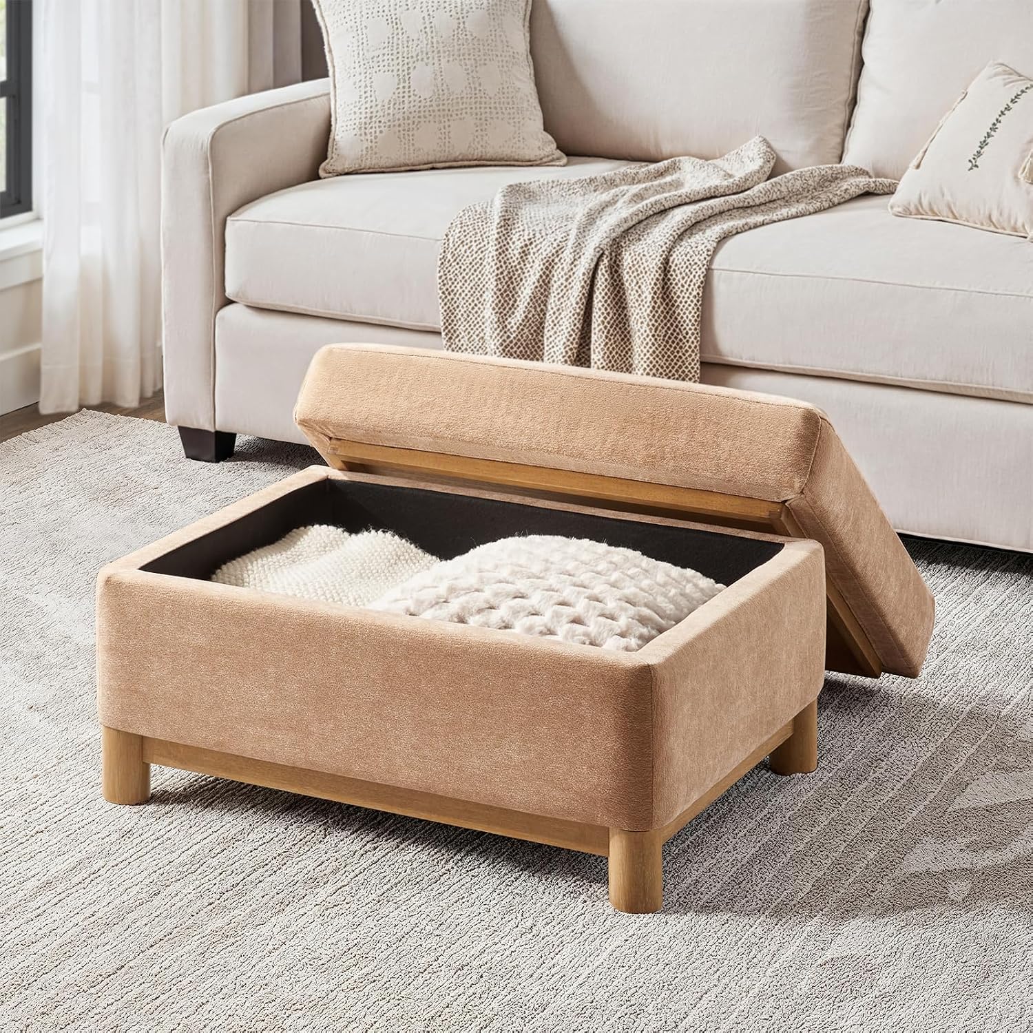 HULALA HOME 30.25' Ottoman Coffee Table with Reversible Tray Lid, Modern Upholstered Storage Ottoman with Solid Wood Base, Removable Top, Footrest and Extra Seating for Bedroom or Living Room, Camel