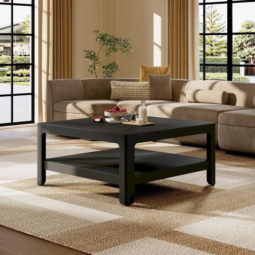 Christopher Knight Home Fenden Modern Farmhouse Coffee Table, 34.65' Square Wood Side Table with Soft Rounded Profile, 2-Tier Storage Design, Minimalist Table, Space Saving for Living Room, Black