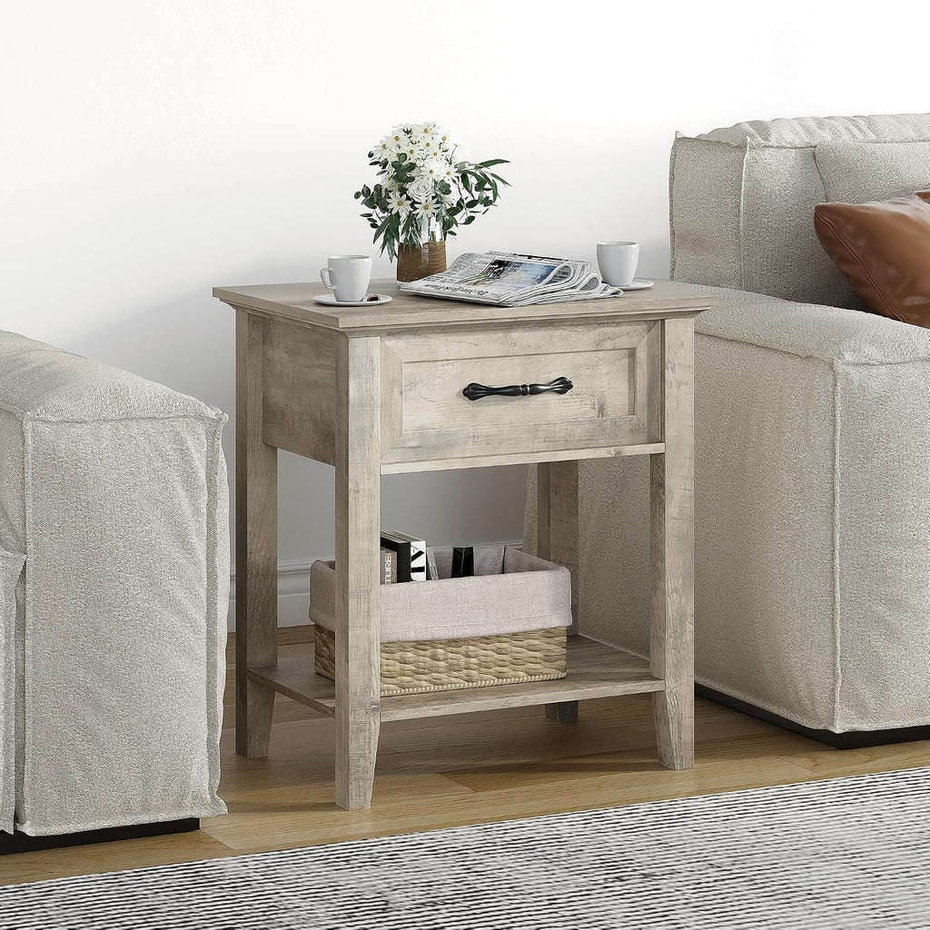 GarveeHome End Table with Drawer, Nightstands for Living Room, Side Table for Study Room, 2 Tiers Storage Shelves Bedside Table for Bedroom, Dorm, 2pcs-Grey