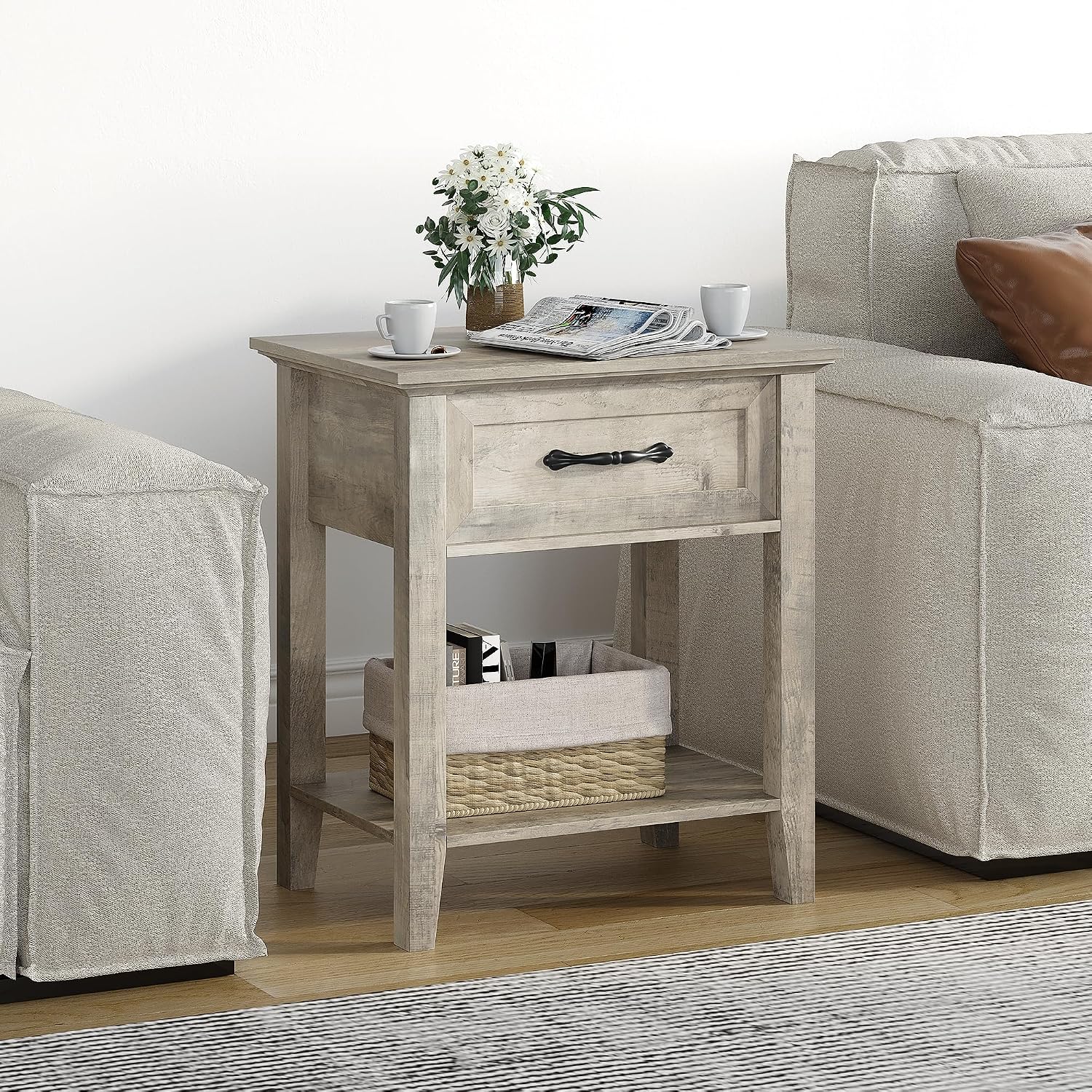 GarveeHome End Table with Drawer, Nightstands for Living Room, Side Table for Study Room, 2 Tiers Storage Shelves Bedside Table for Bedroom, Dorm, 2pcs-Grey