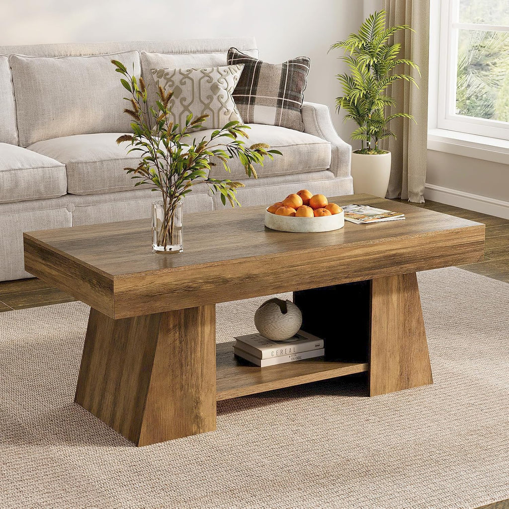 Tohomeor Coffee Table, 47.24' Farmhouse Wooden Rectangular Accent Center Tables with Storage Shelf Thick Base for Living Room, Home Office, Retro Brown