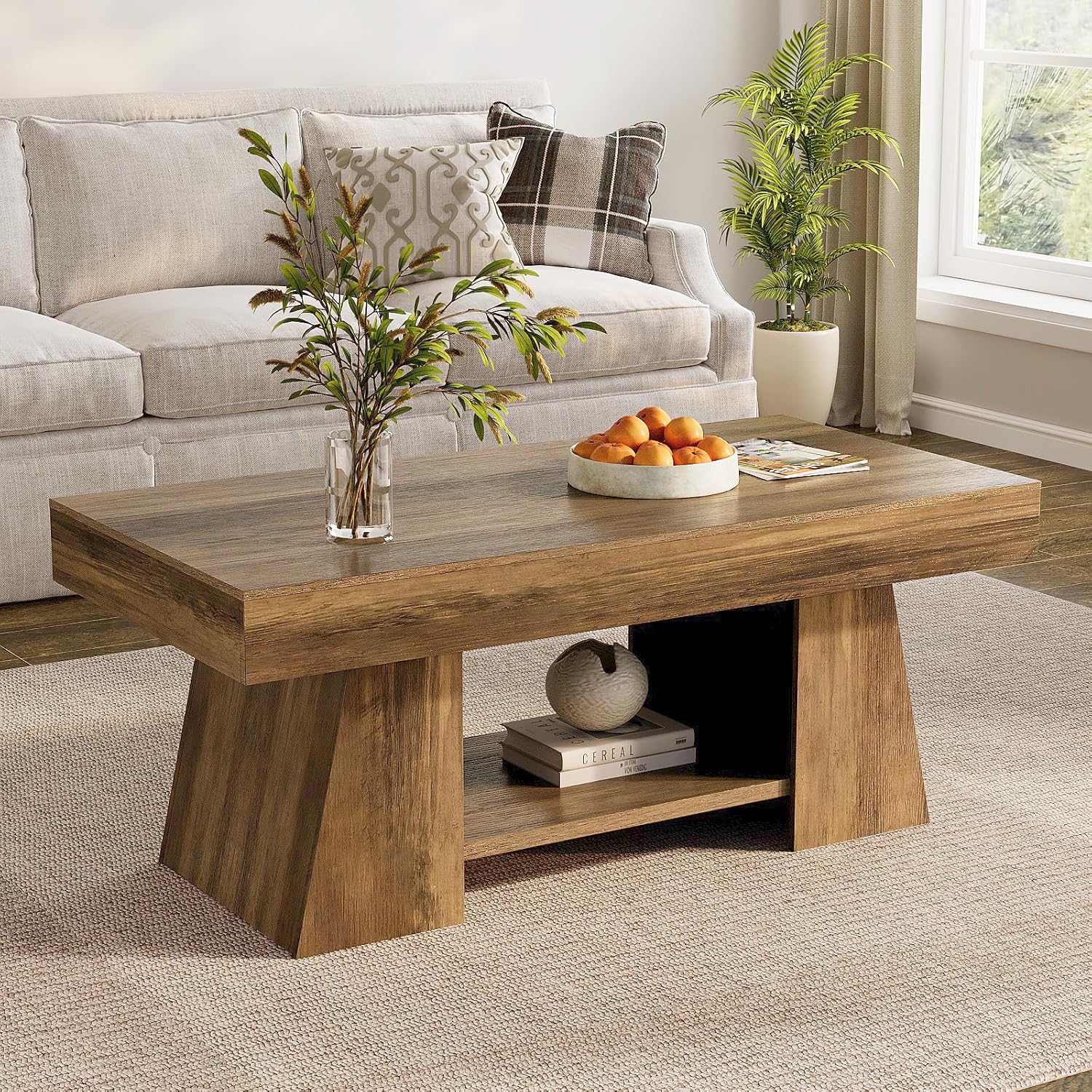 Tohomeor Coffee Table, 47.24' Farmhouse Wooden Rectangular Accent Center Tables with Storage Shelf Thick Base for Living Room, Home Office, Retro Brown