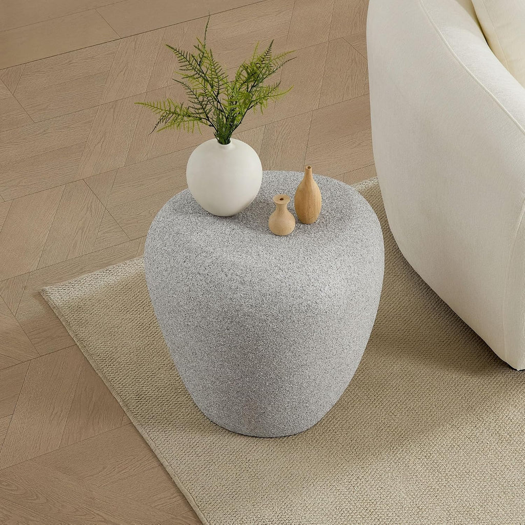 Modern Side Table for Living Room, Irregular Faux Stone Bedside Table Drum End Table Durable Accent Tables for Small Space, No Need Assembly, Beige