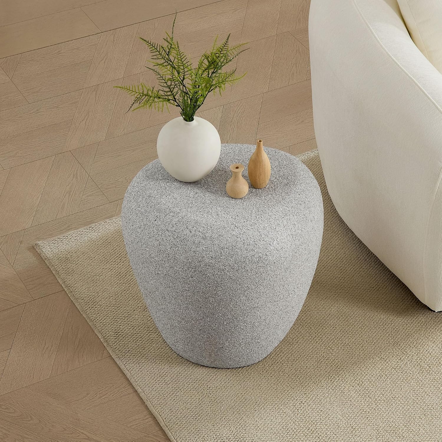 Modern Side Table for Living Room, Irregular Faux Stone Bedside Table Drum End Table Durable Accent Tables for Small Space, No Need Assembly, Beige